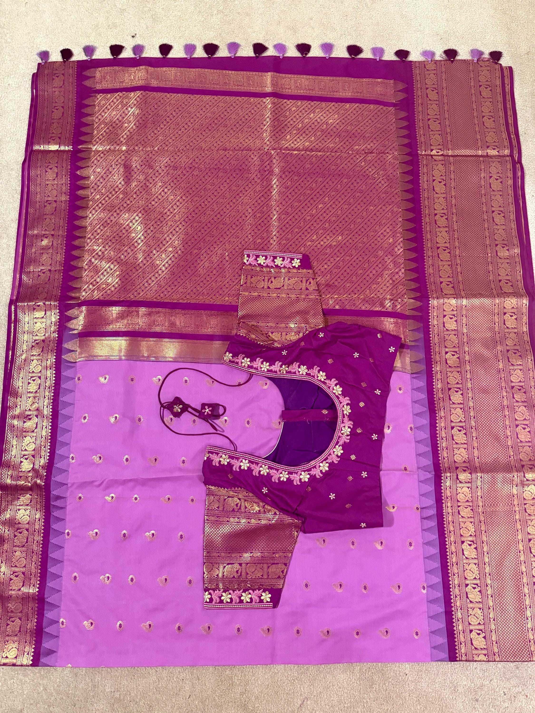 Gadwal Handloom pure silk sarees in rare colors and ready to wear blouse with embroidered blouse fits up to 32 -46 saree is ready fall pico