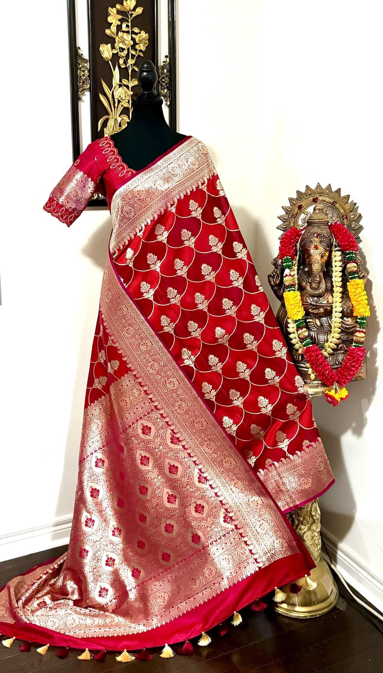 Pure silk  banarasi silk saree paired up with beautiful embroidery blouse fits to 32 to 46 in beautiful rare colors all over jaal. Cocktails