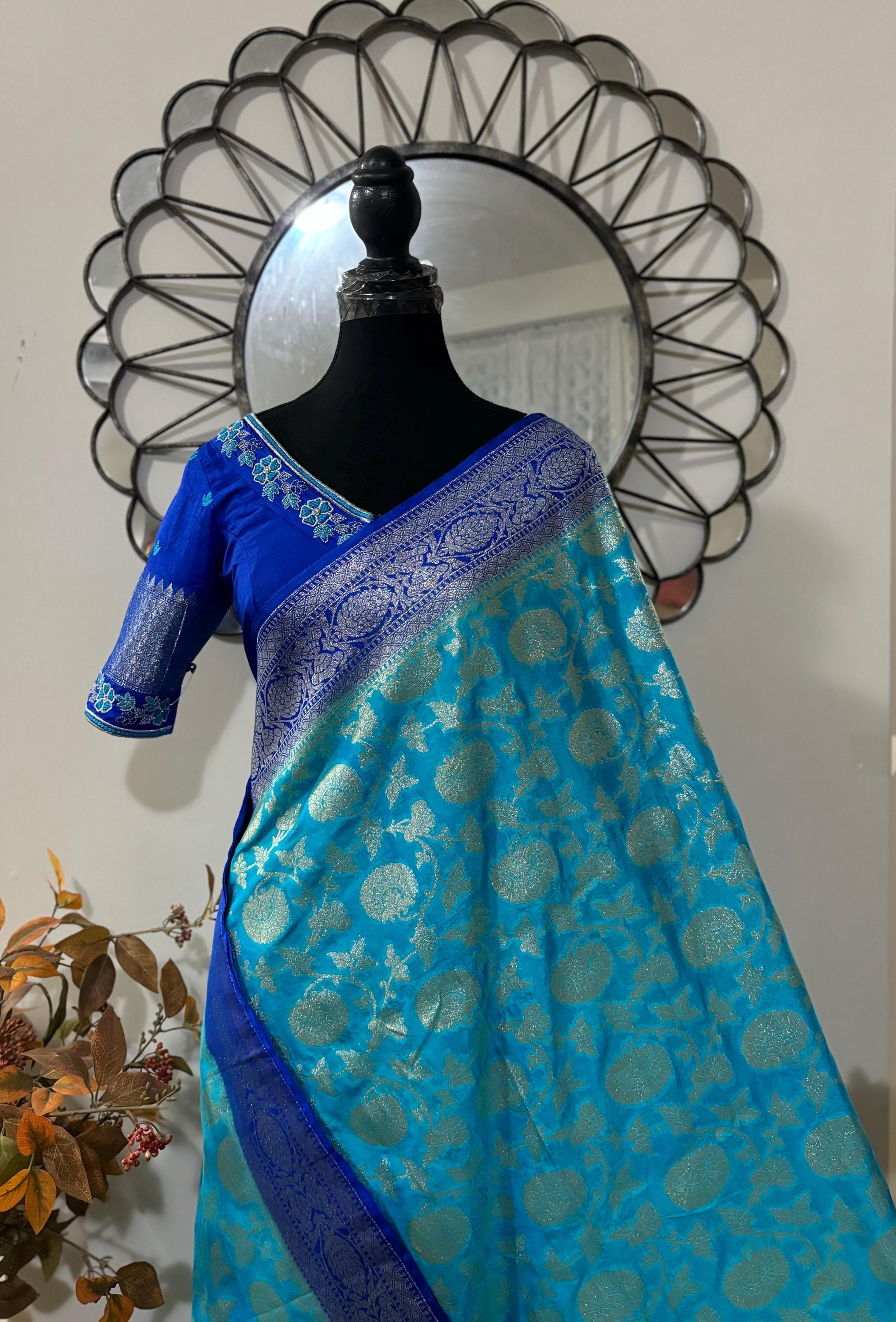 Beautiful banarasi silk saree paired up with beautiful embroidery blouse fits to 32 to 46 in beautiful rare colors all over jaal. Cocktails