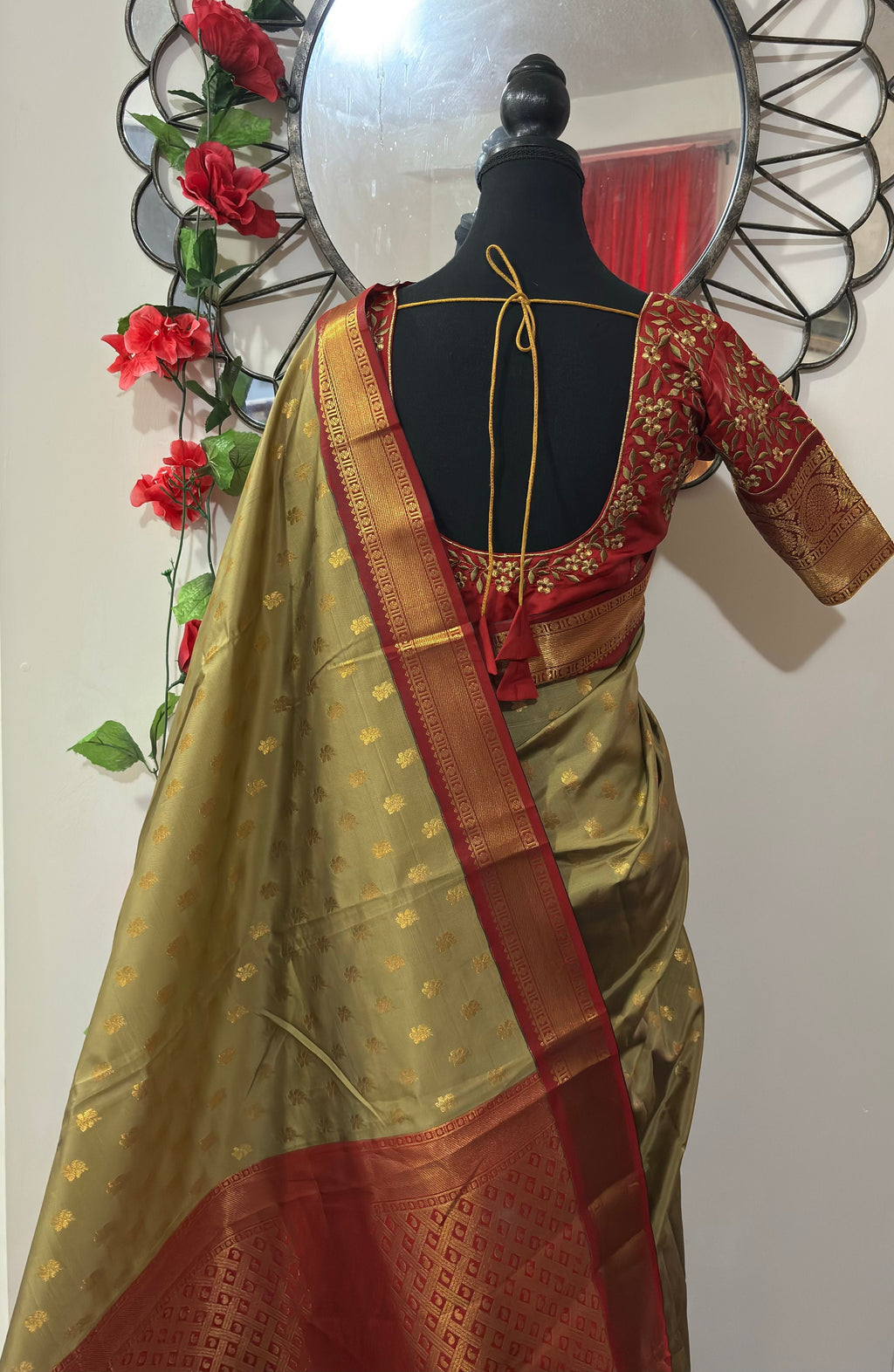 Kanchipuram soft silk saree in rarecolors with beautifully done hand  made embroidered blouse with readytowear work blouse fitsup to32 to 46