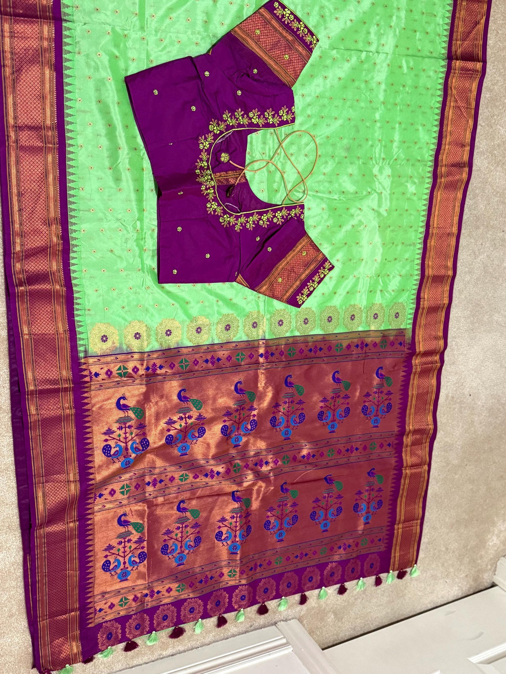 Gadwal Handloom pure silk sarees in rare colors and ready to wear blouse with embroidered blouse fits up to 32 -46 saree is ready fall pico
