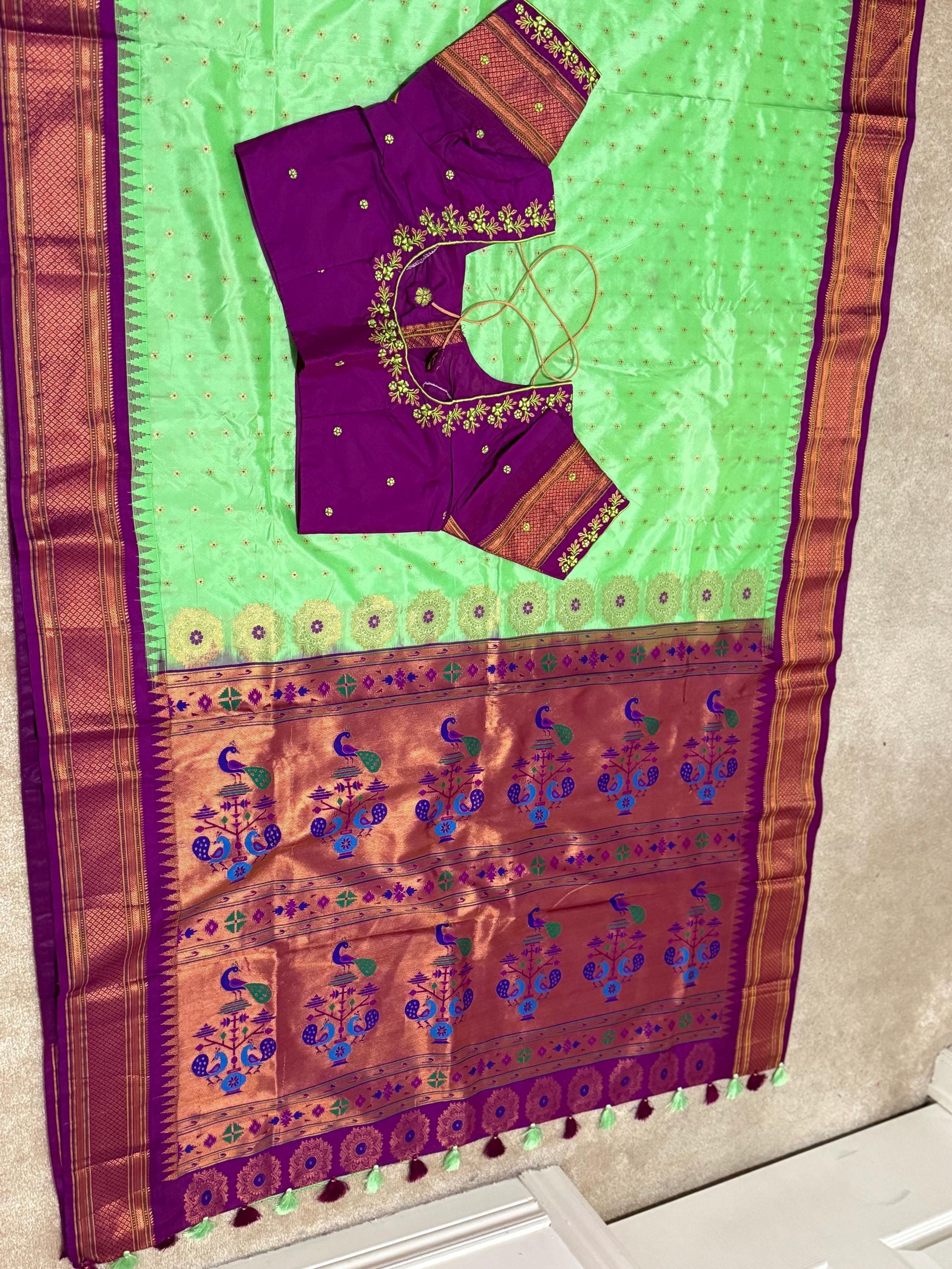 Gadwal Handloom pure silk sarees in rare colors and ready to wear blouse with embroidered blouse fits up to 32 -46 saree is ready fall pico