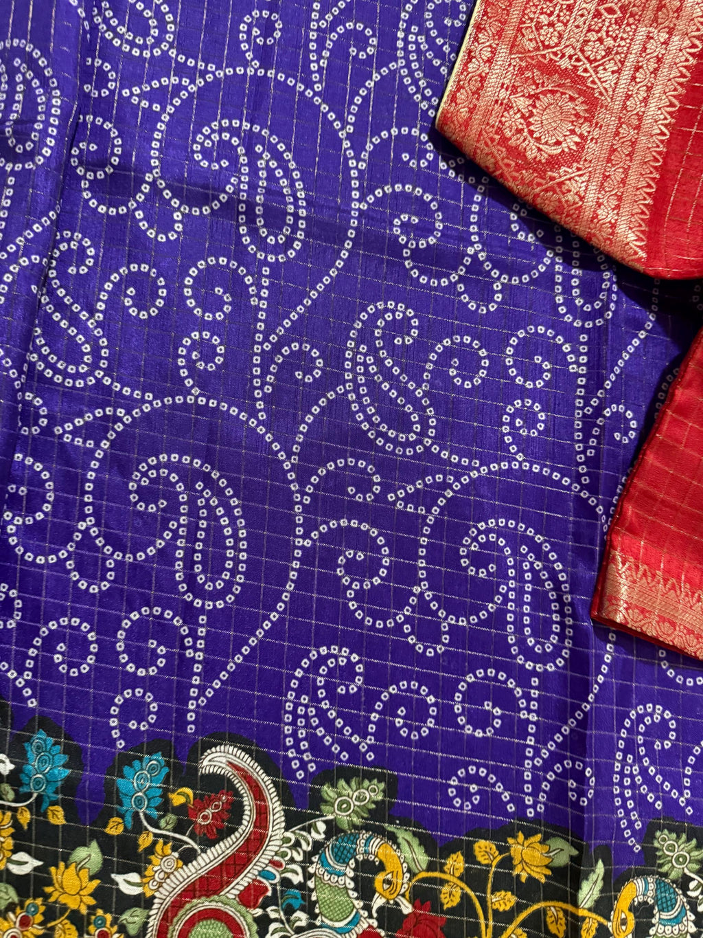 Beautiful Light weight Emarald silk saree  with Kanchi boarder  Bhandini prints ready blouse fits 32 to 46 with beautiful color combo