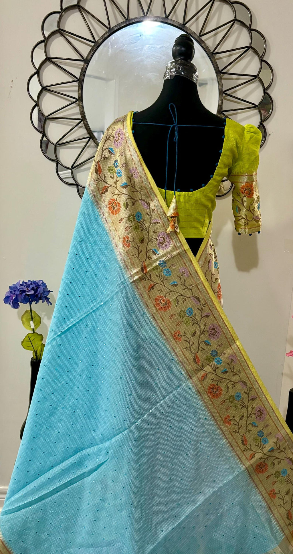 Beautiful Tissue Zari Kota saree with pythani Zari boardes and beautifully done work blouse paired up with pretty blouse fits up to 32 to 46