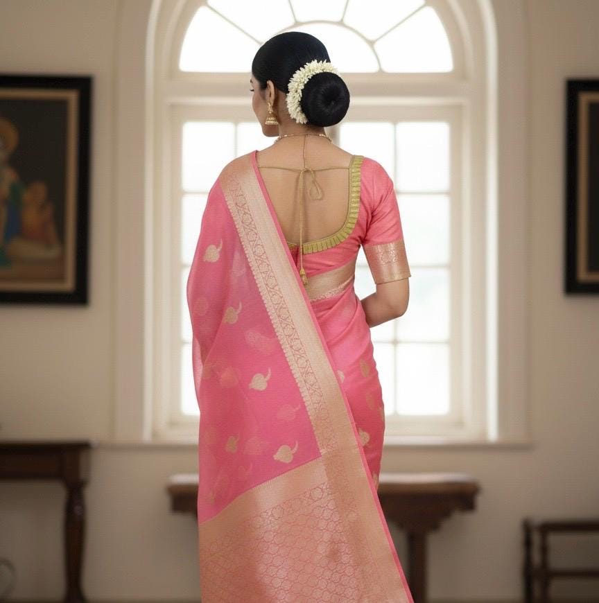 Banarsi fancy beautiful kora organza double zari silk saree very soft ant flowy ready to wear designer blouse fits 32-46  eye cooling shades