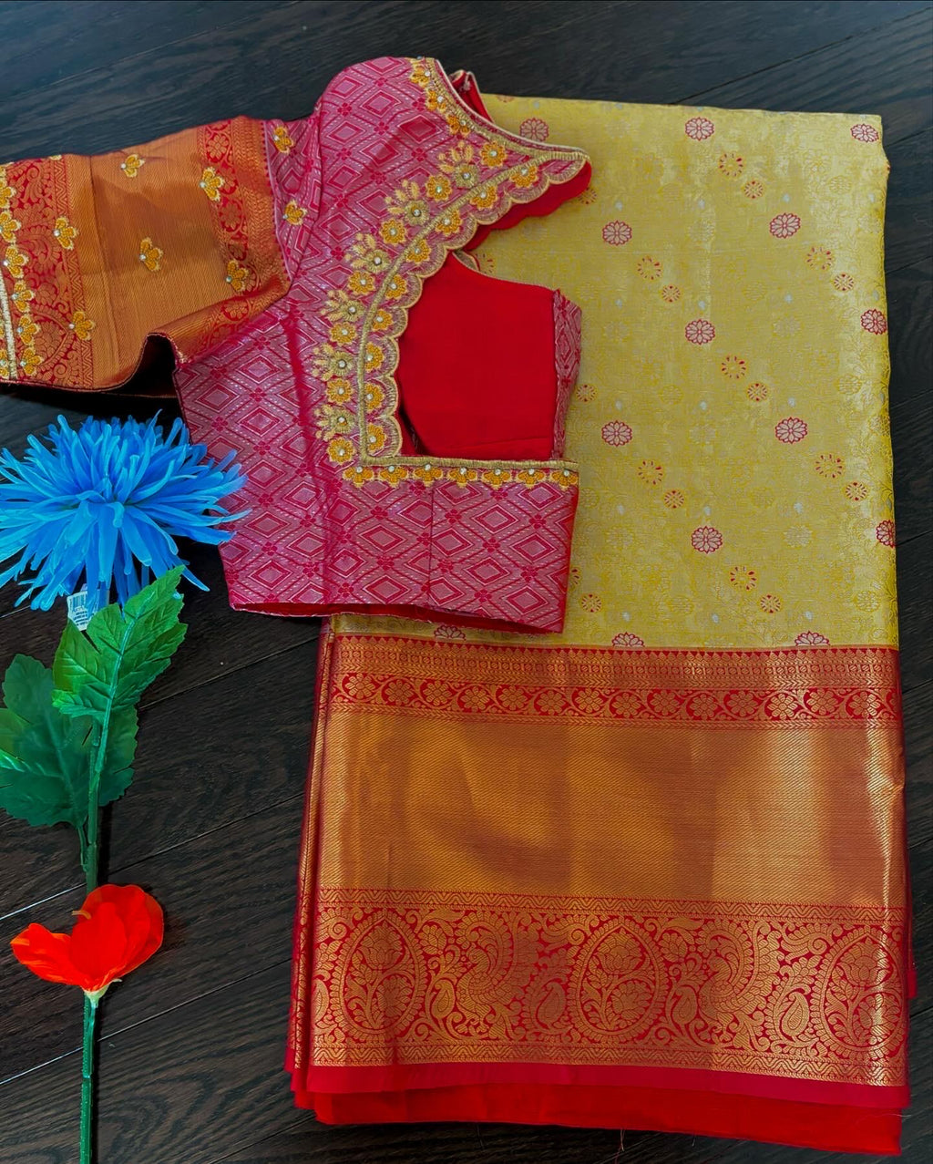 Kanchipuram soft silk saree in rare colors with beautifully done hand  made embroidered blouse with ready to wear work blouse fits 32 to 46