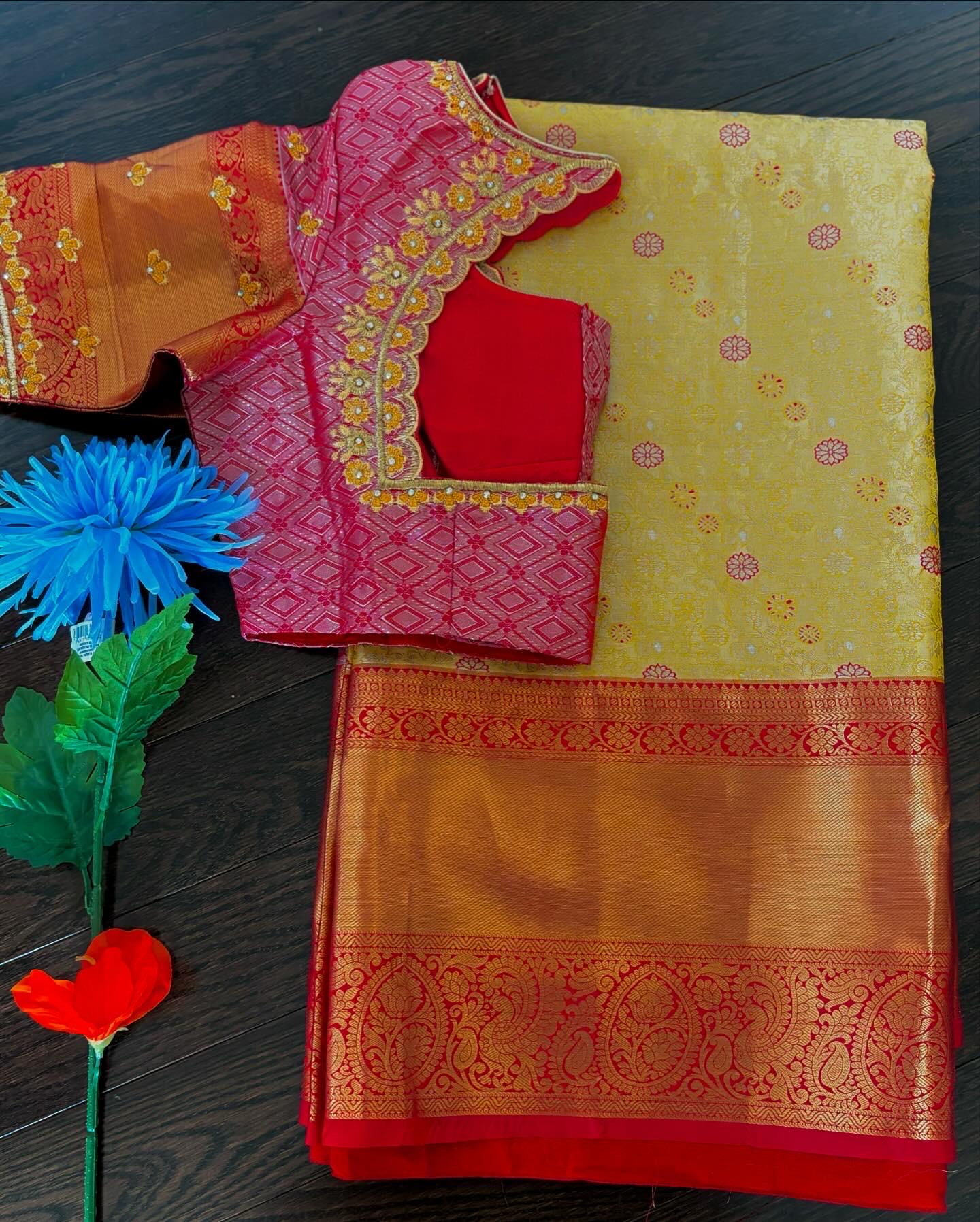 Kanchipuram soft silk saree in rare colors with beautifully done hand  made embroidered blouse with ready to wear work blouse fits 32 to 46