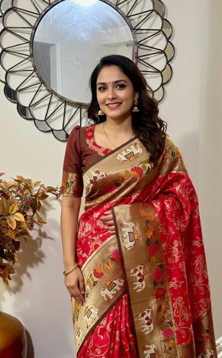 Beautiful Banarasi pythani saree in beautiful color with beautiful boarder and beautiful Pallu. Ready to wear maggam designer blouse 32-46