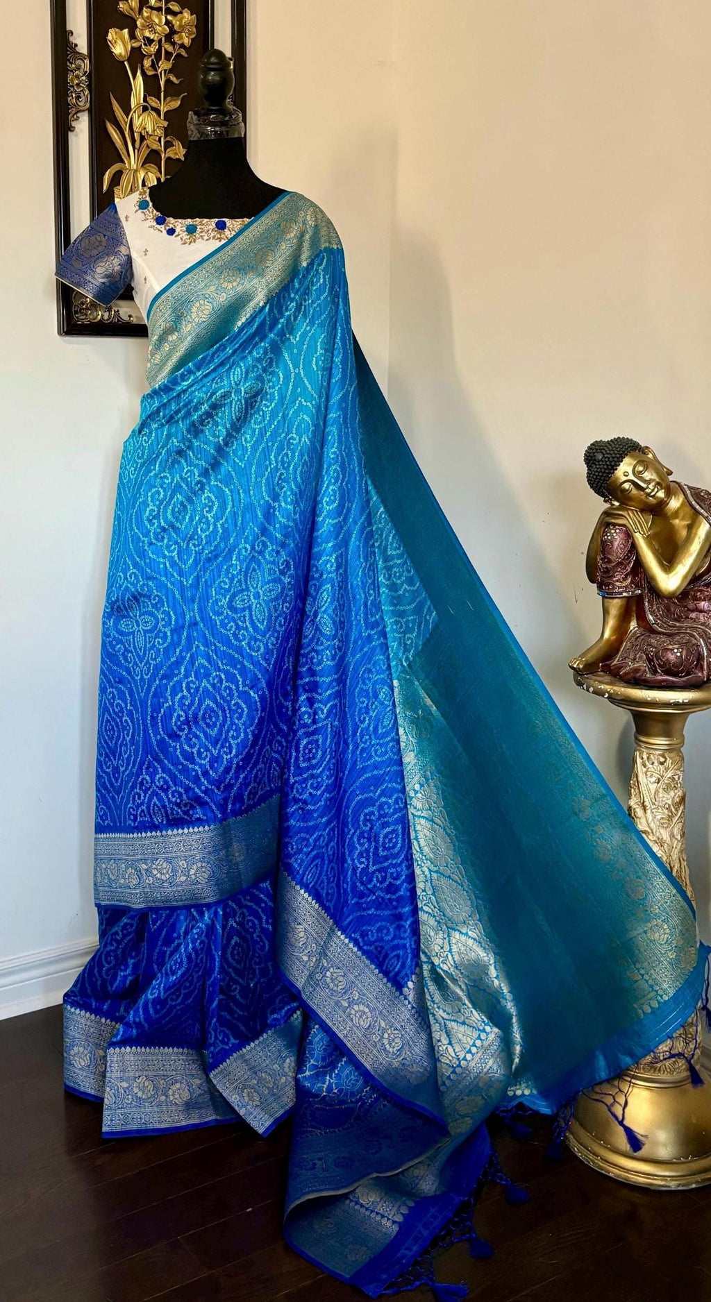 Beautiful cocktail dual shade banarasi  bandhini silk saree paired up pretty maggam blouse fits  sizes 32 -46 ready to wear prettiest blouse