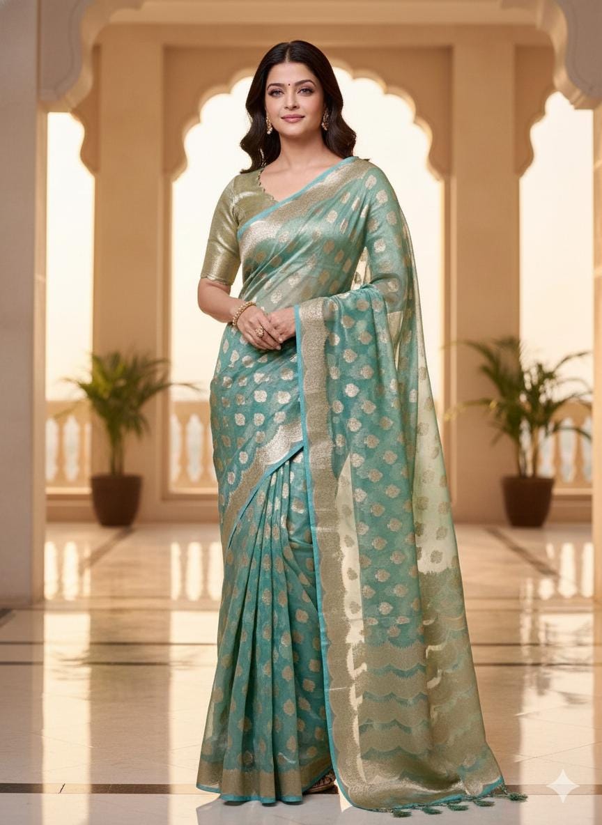 Beautiful party wear cocktail pure silk  banarasi  tissue  saree paired up with pretty designer Blouse fits 32-46