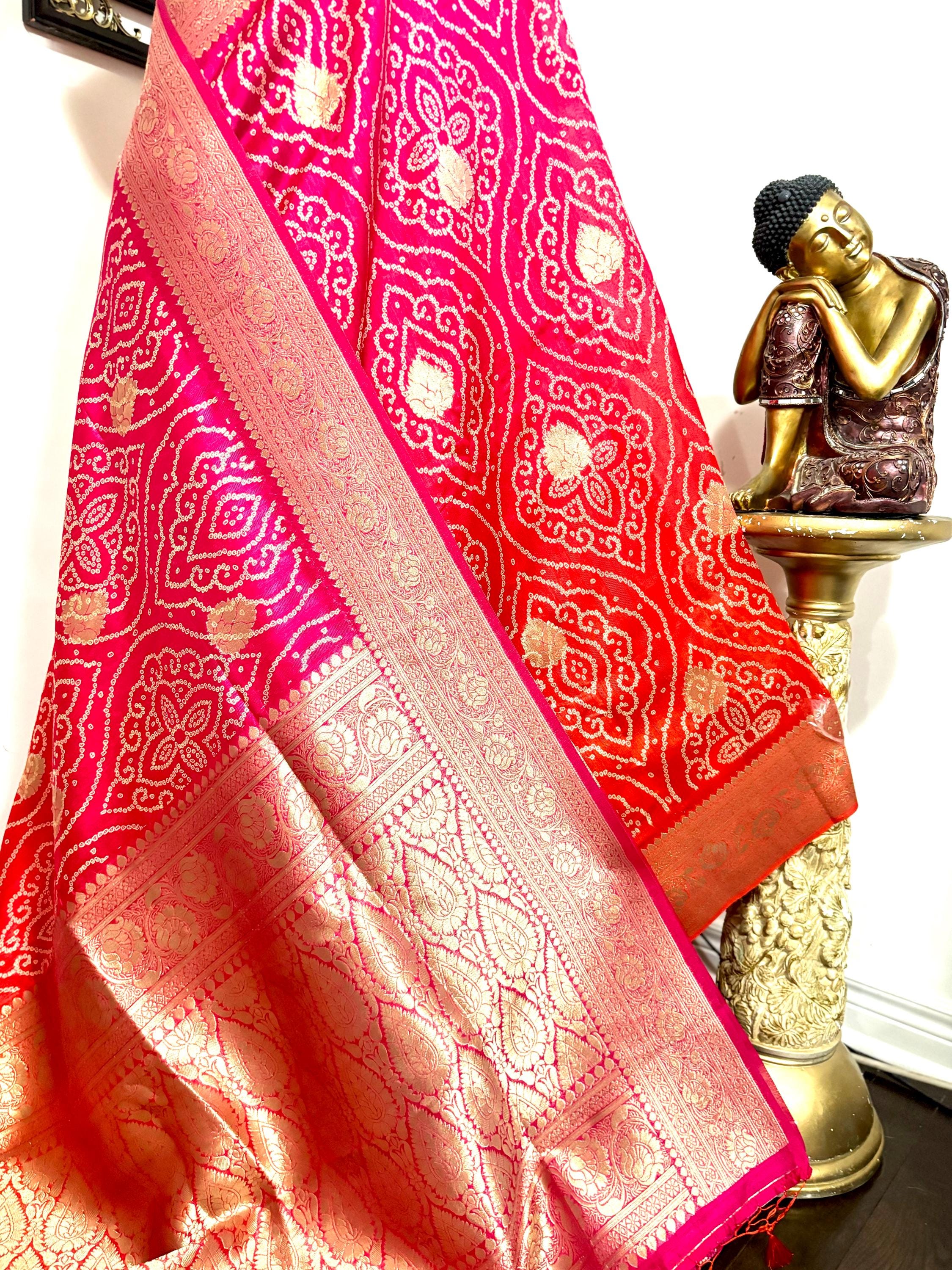 Beautiful cocktail dual shade banarasi  bandhini silk saree paired up pretty maggam blouse fits  sizes 32 -46 ready to wear prettiest blouse