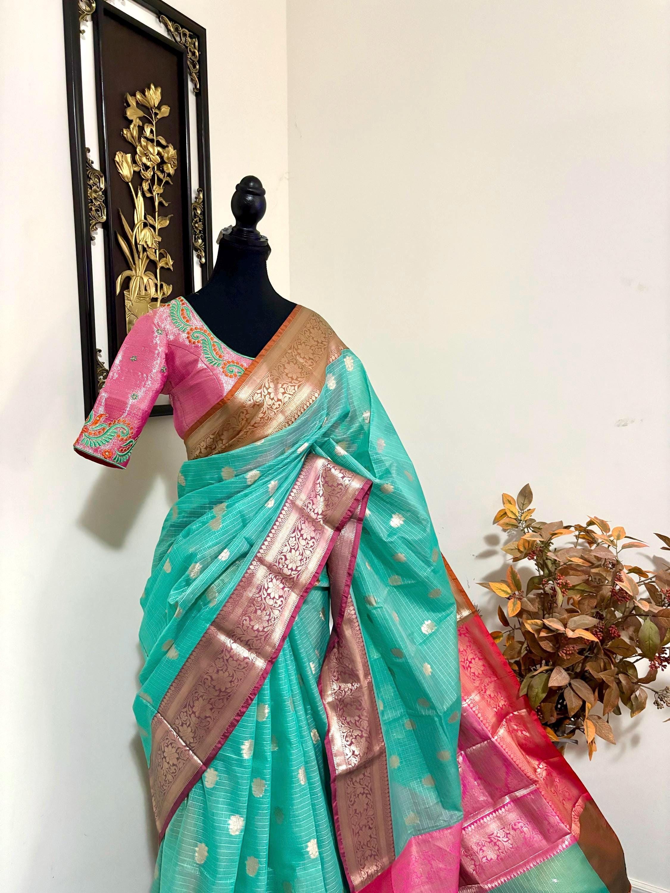 Beautiful Tissue Zari Kota saree with Kanchi  Zari boardes and beautifully done blouse paired up with pretty blouse fits up to 32 to 46