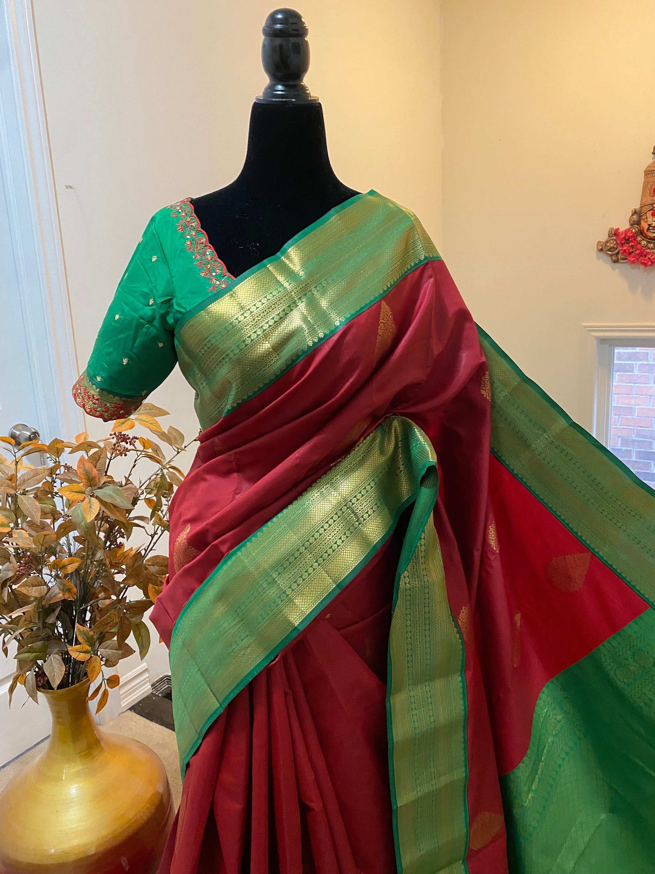 Kanchipuram soft  silk saree with ready to wear maggam work blouse fits to 32 to 46