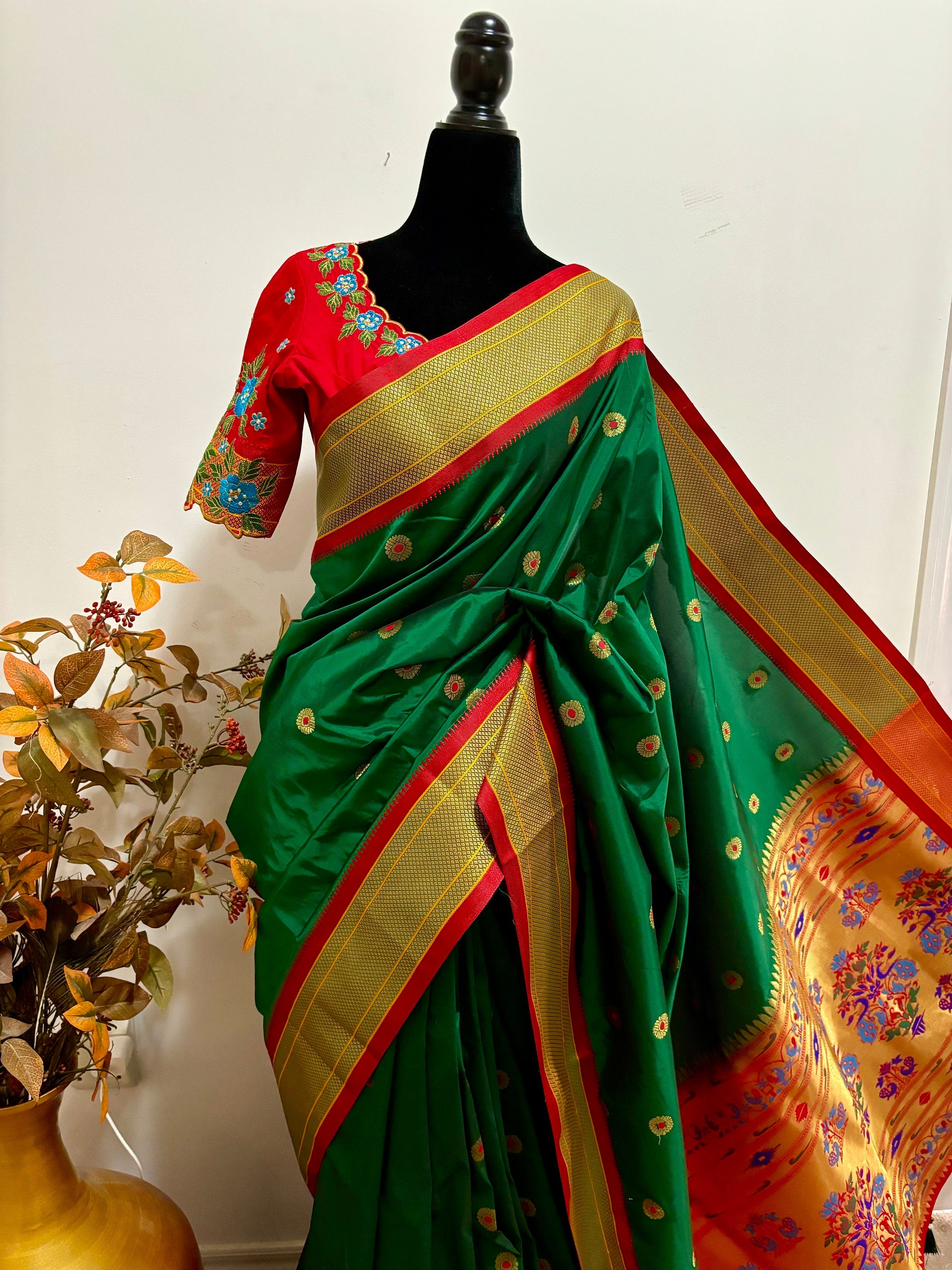 Beautiful pythani pure silk saree with   ready to wear beautiful  work blouse fits up to 32 to 46 Bottle green color, saree is ready to wear