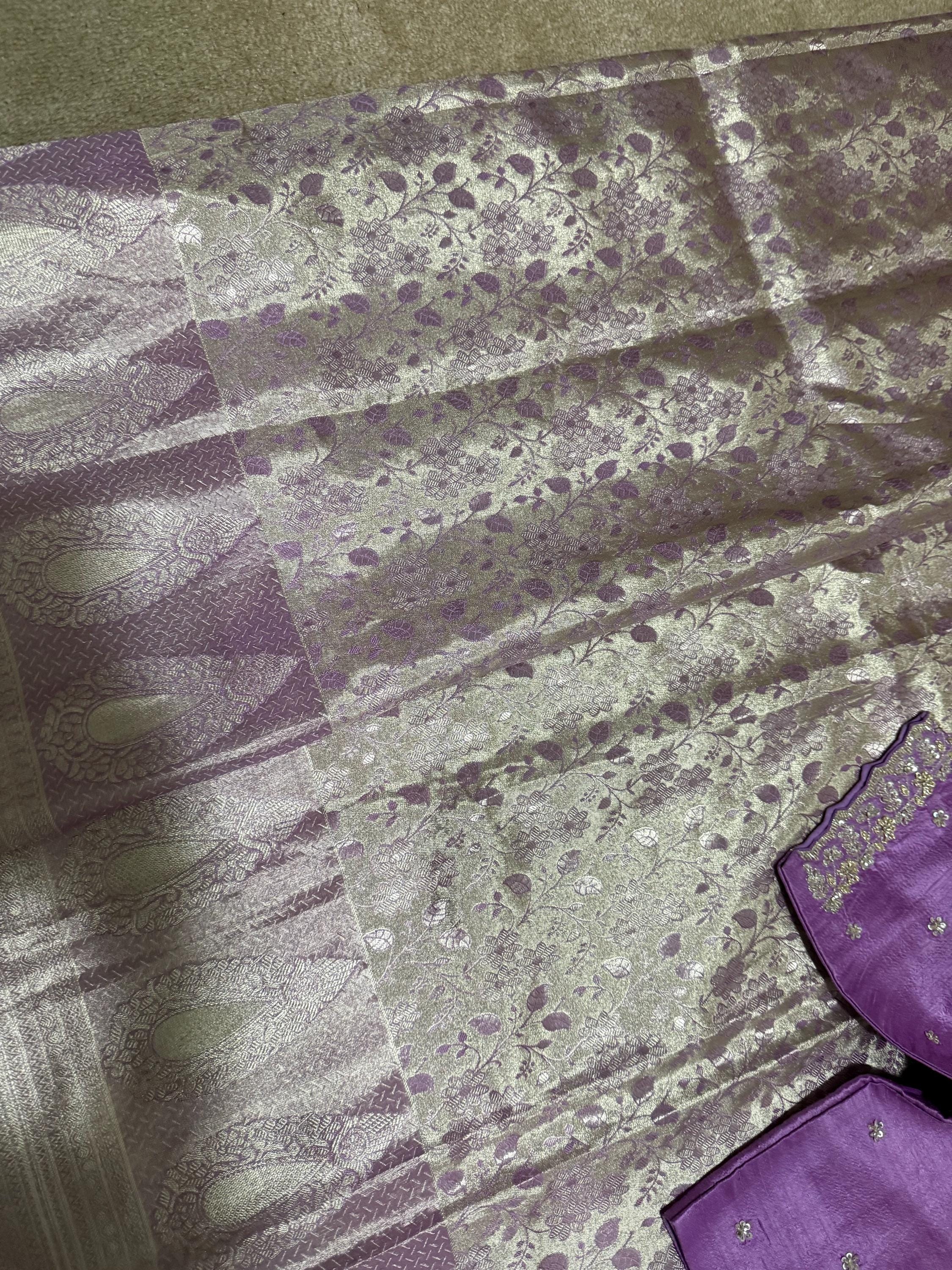 Kanchipuram tissu silk saree in rare colors with beautifully done hand  made embroidered blouse with ready to wear work blouse fits 32 to 46