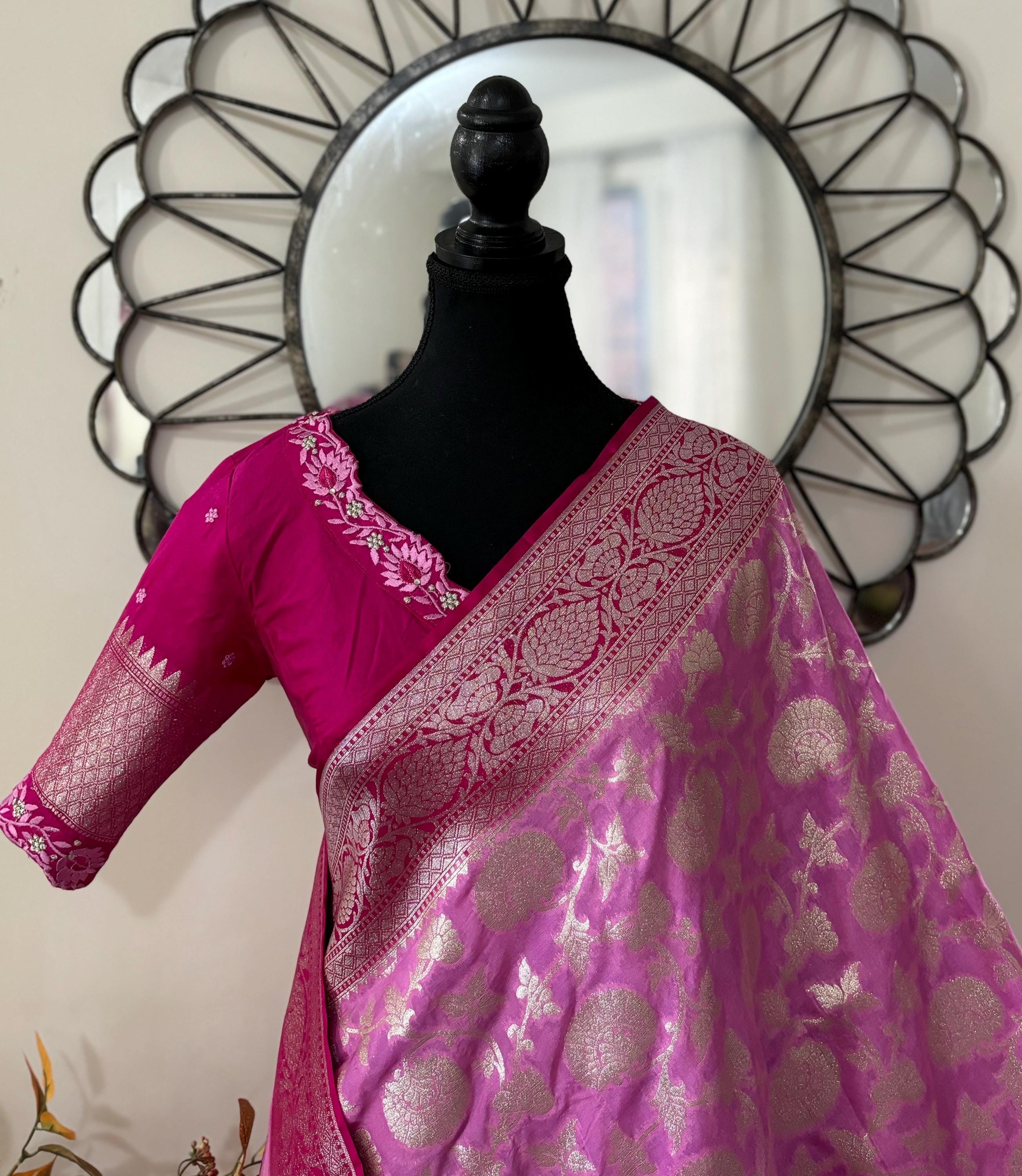 Beautiful banarasi silk saree paired up with beautiful embroidery blouse fits to 32 to 46 in beautiful rare colors all over jaal. Cocktails