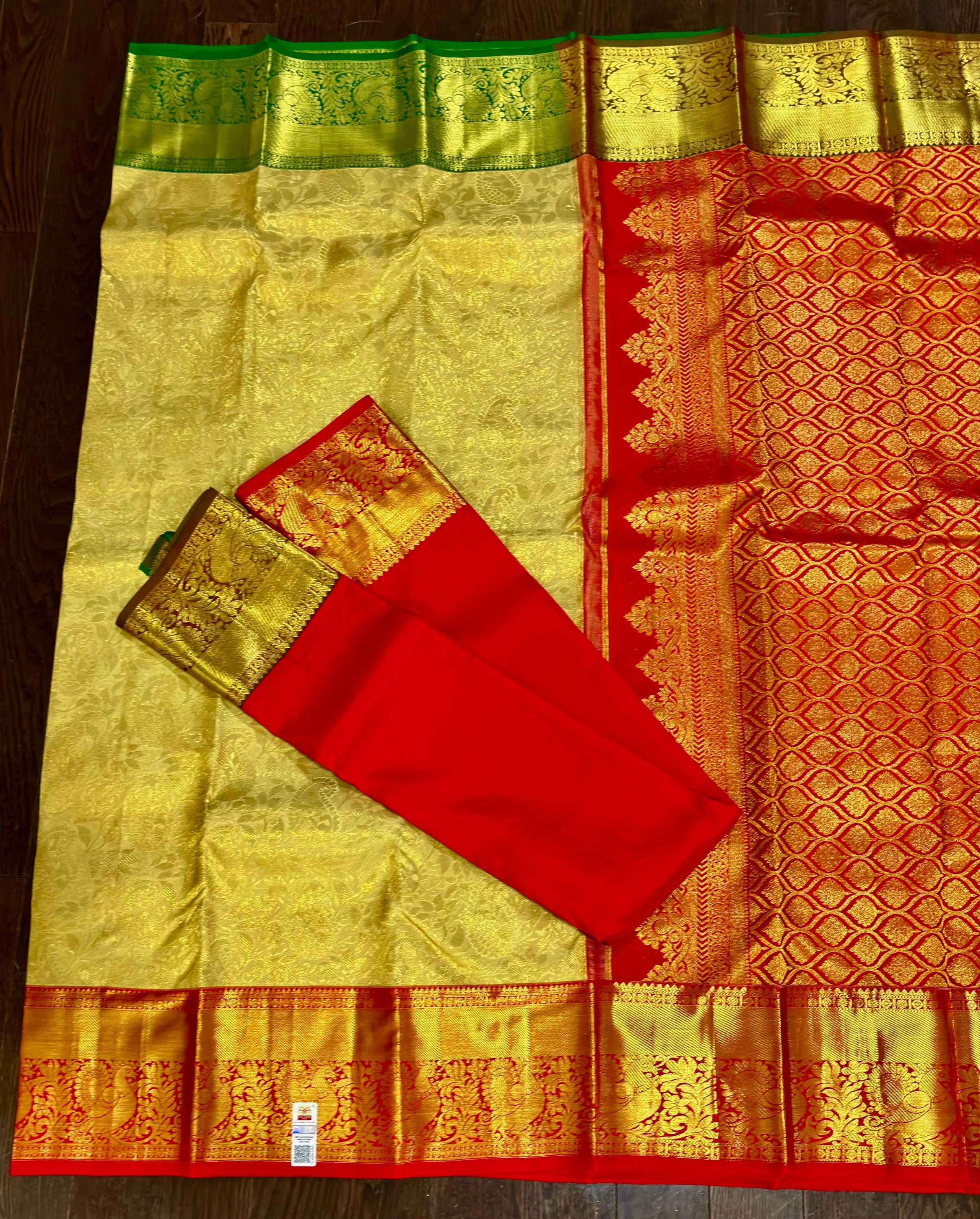 Beautiful gold dual shade boarder Bridal  2 gram gold pure handloom  Silk Kanjeevarm/Kanchipattu Saree ready to dispatch silk mark certified