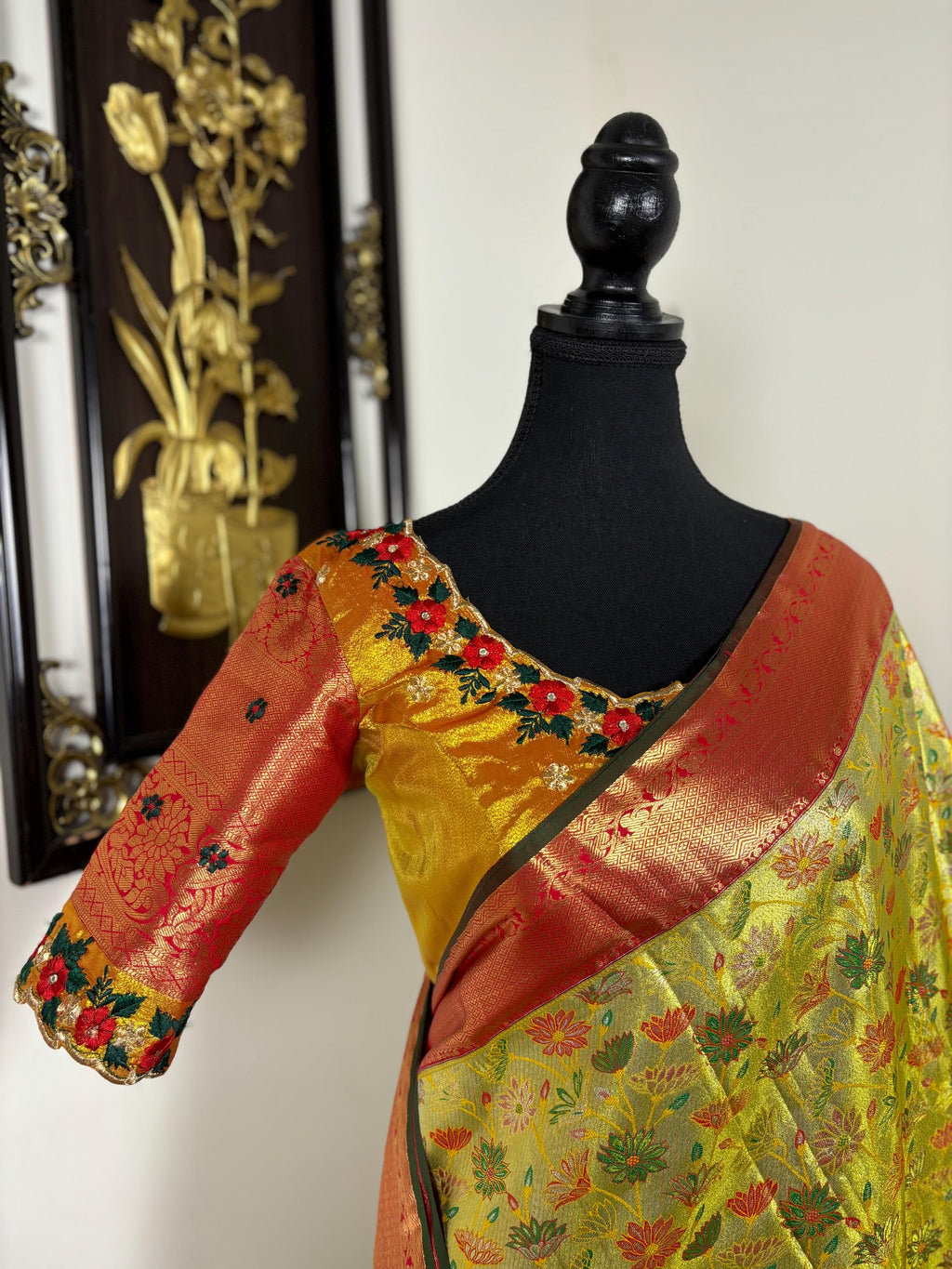Kanchipuram tissu silk saree in rare colors with beautifully done hand  made embroidered blouse with ready to wear work blouse fits 32 to 46