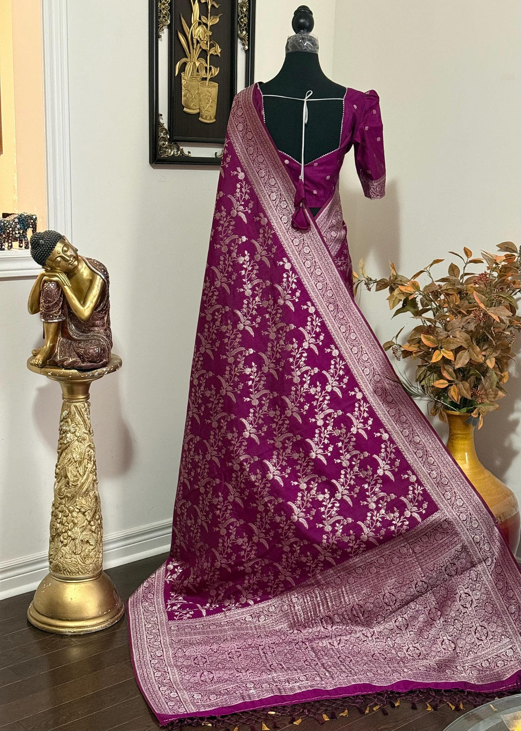 Beautiful banarasi saree with silver Zari weaving all over the saree paired up with pretty ready to wear  blouse that fits to 32 to 46