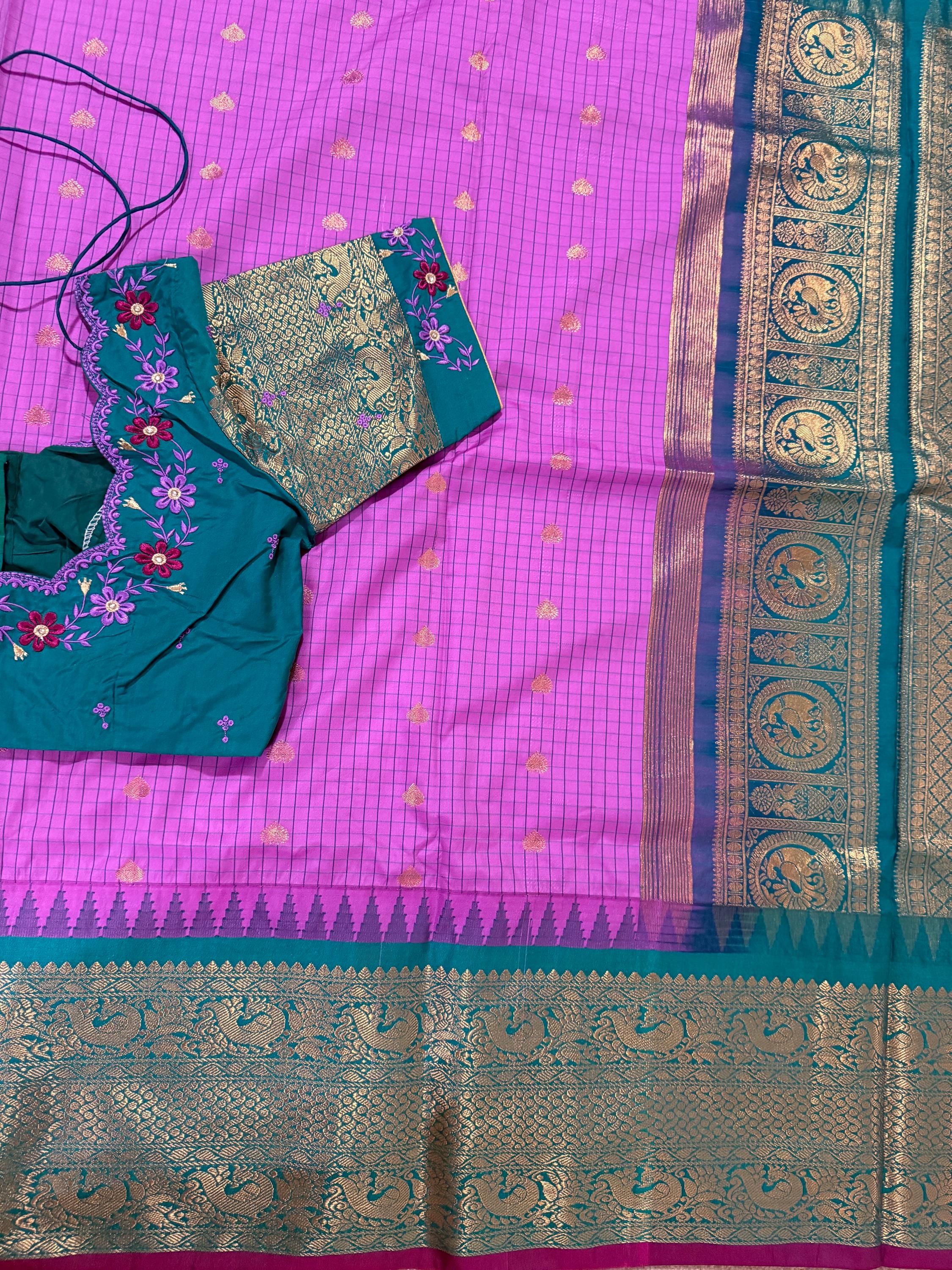 Gadwal Handloom pure silk sarees in rare colors and ready to wear blouse with embroidered blouse fits up to 32 -46 saree is ready fall pico