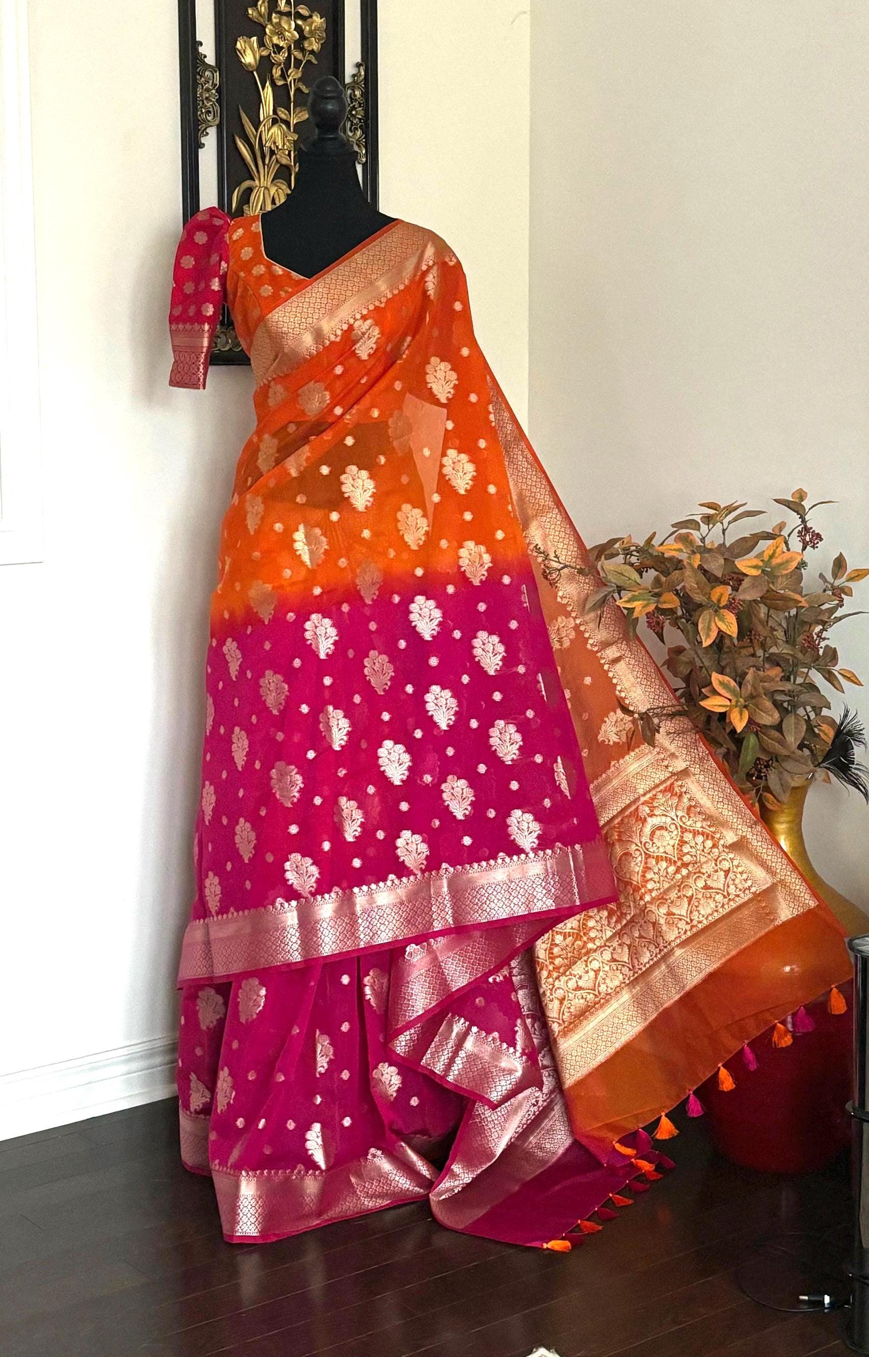 Beautiful Banarasi Dual shade  handloom khadi georgette silk saree all over beautiful water zari weaving work all over  32-46 Ready Blouse