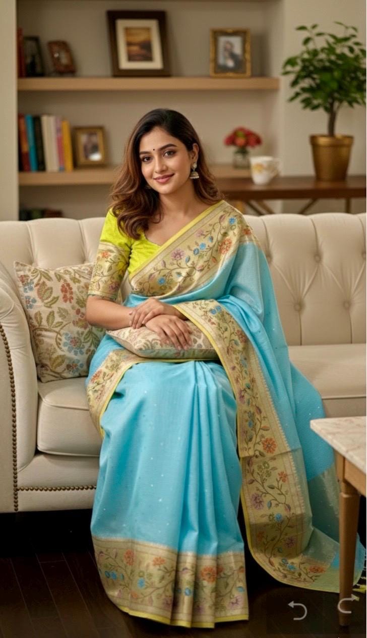 Beautiful Tissue Zari Kota saree with pythani Zari boardes and beautifully done work blouse paired up with pretty blouse fits up to 32 to 46