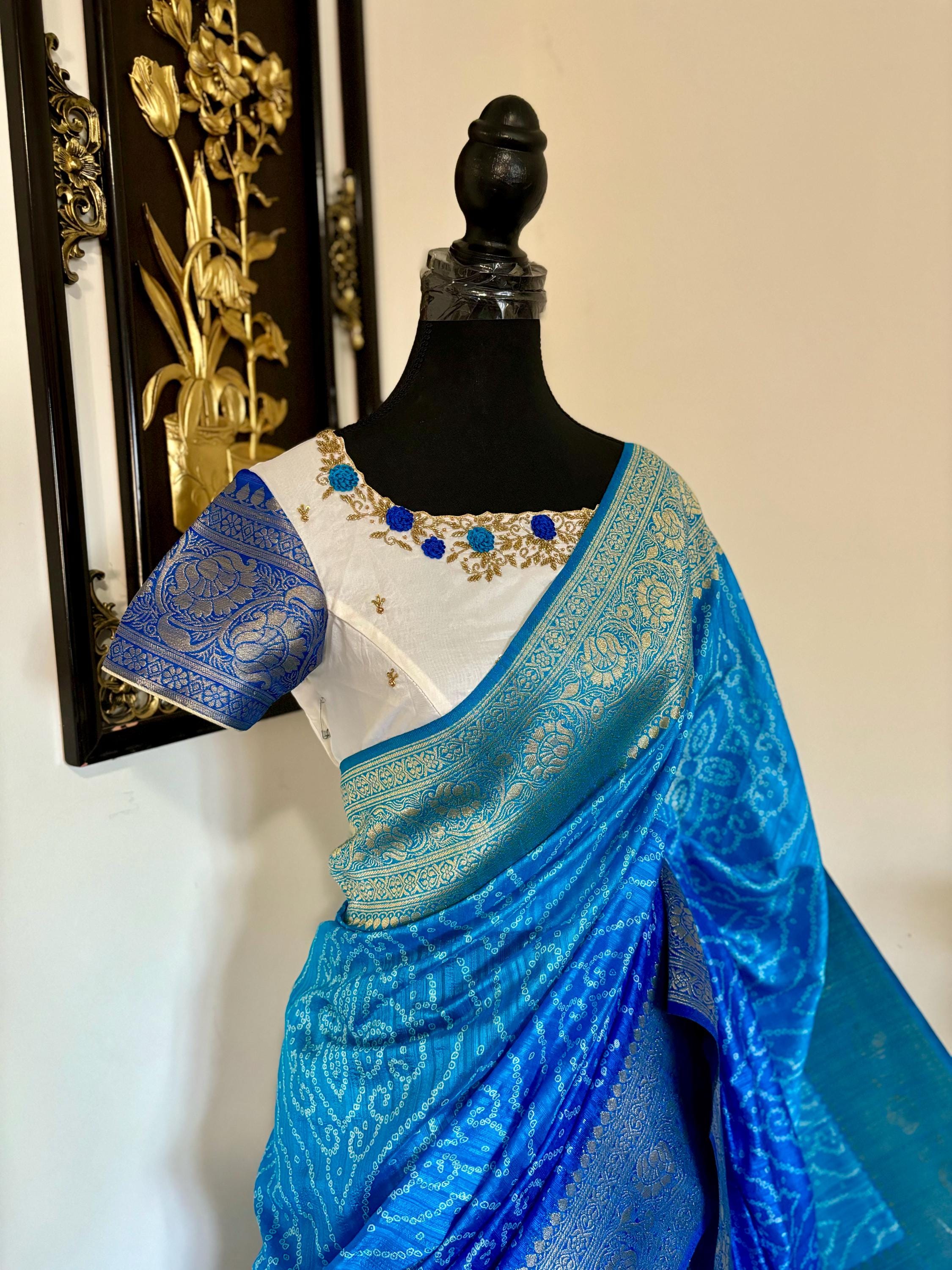 Beautiful cocktail dual shade banarasi  bandhini silk saree paired up pretty maggam blouse fits  sizes 32 -46 ready to wear prettiest blouse