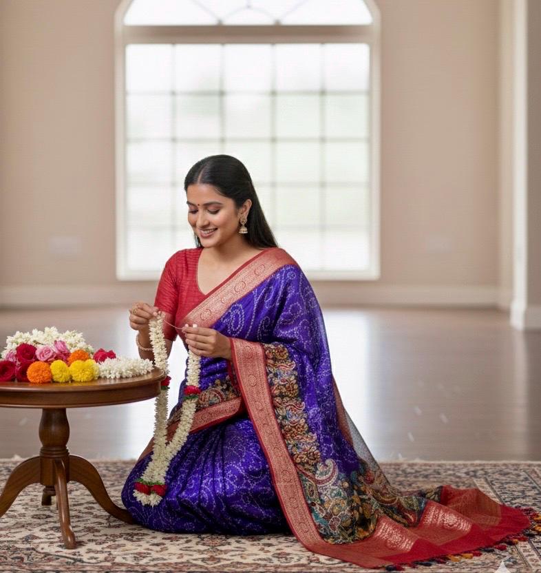 Beautiful Light weight Emarald silk saree  with Kanchi boarder  Bhandini prints ready blouse fits 32 to 46 with beautiful color combo