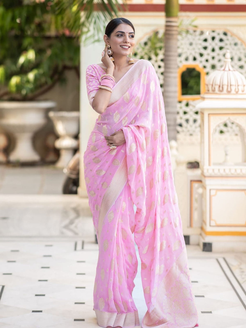 Banarasi handloom khadi georgette silk soft falling saree all over beautiful water zari weaving work any color possible ready to wear blouse