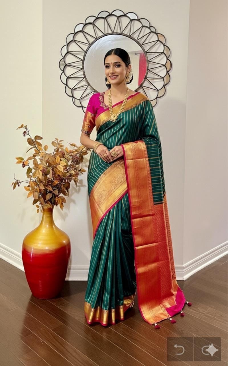 Kanchipuram soft silk saree in rarecolors with beautifully done hand  made embroidered blouse with readytowear work blouse fitsup to32 to 46