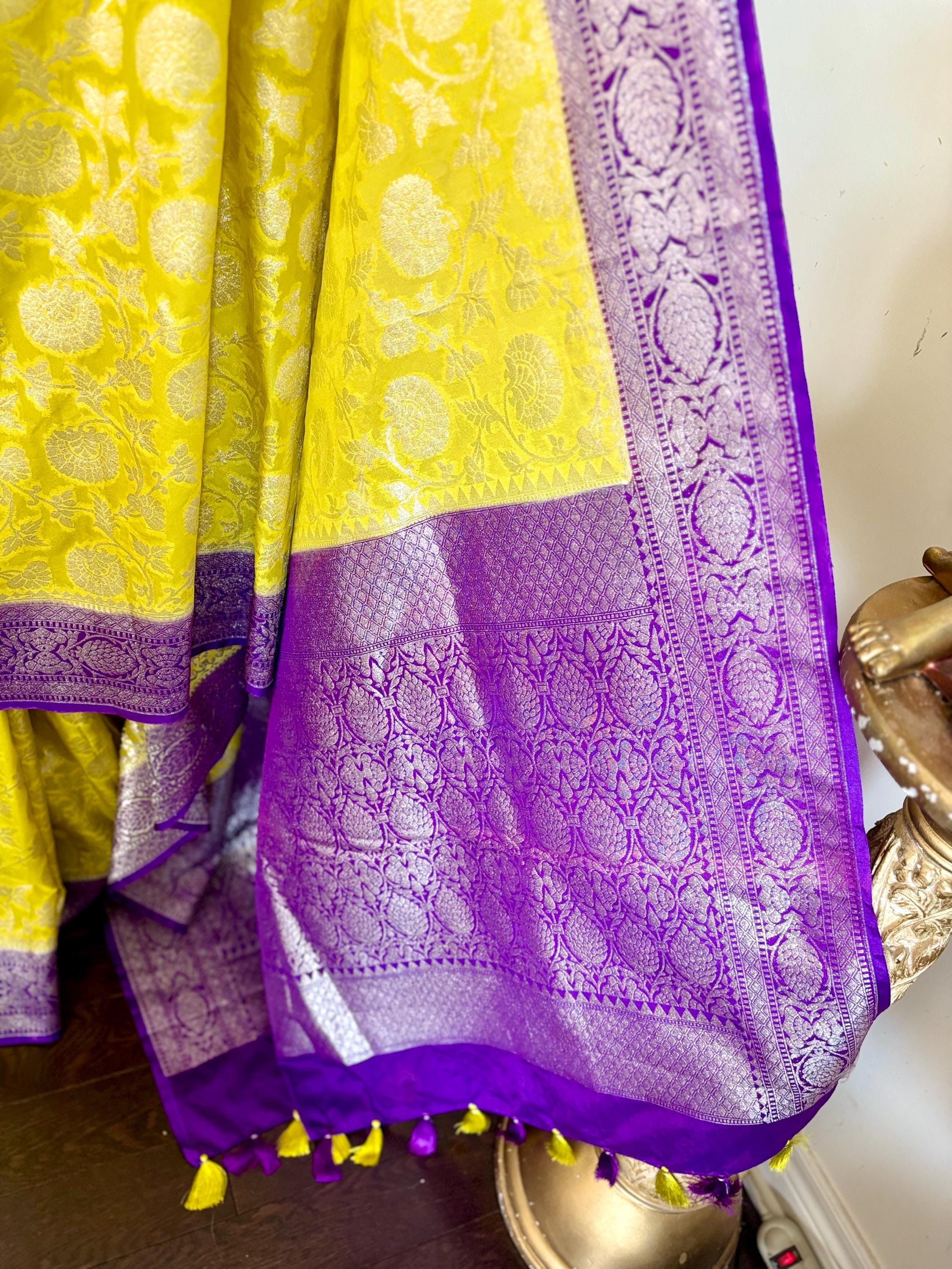 Beautiful banarasi silk saree paired up with beautiful embroidery blouse fits to 32 to 46 in beautiful rare colors all over jaal. Cocktails
