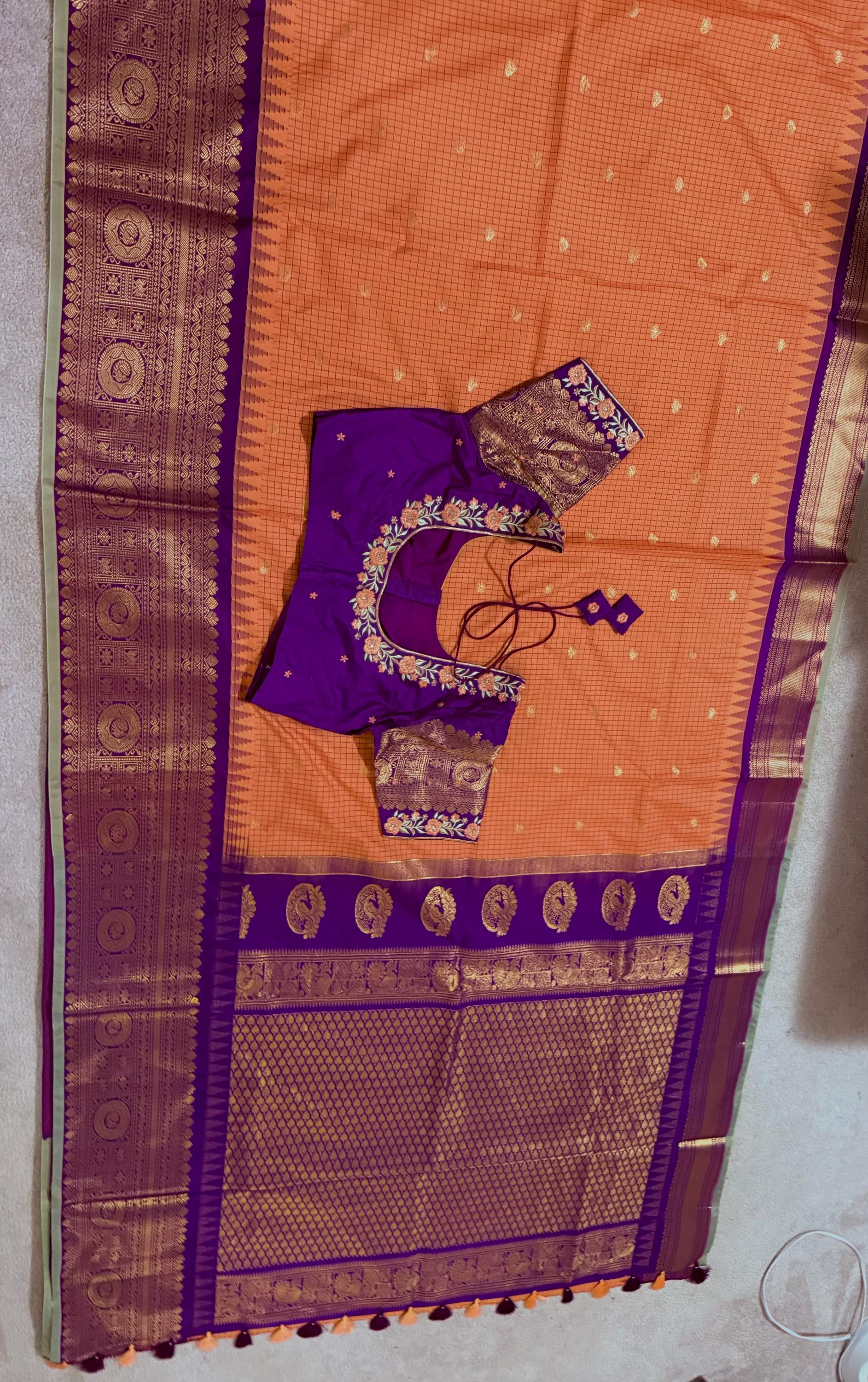 Gadwal Handloom pure silk sarees in rare colors and ready to wear blouse with embroidered blouse fits up to 32 -46 saree is ready fall pico