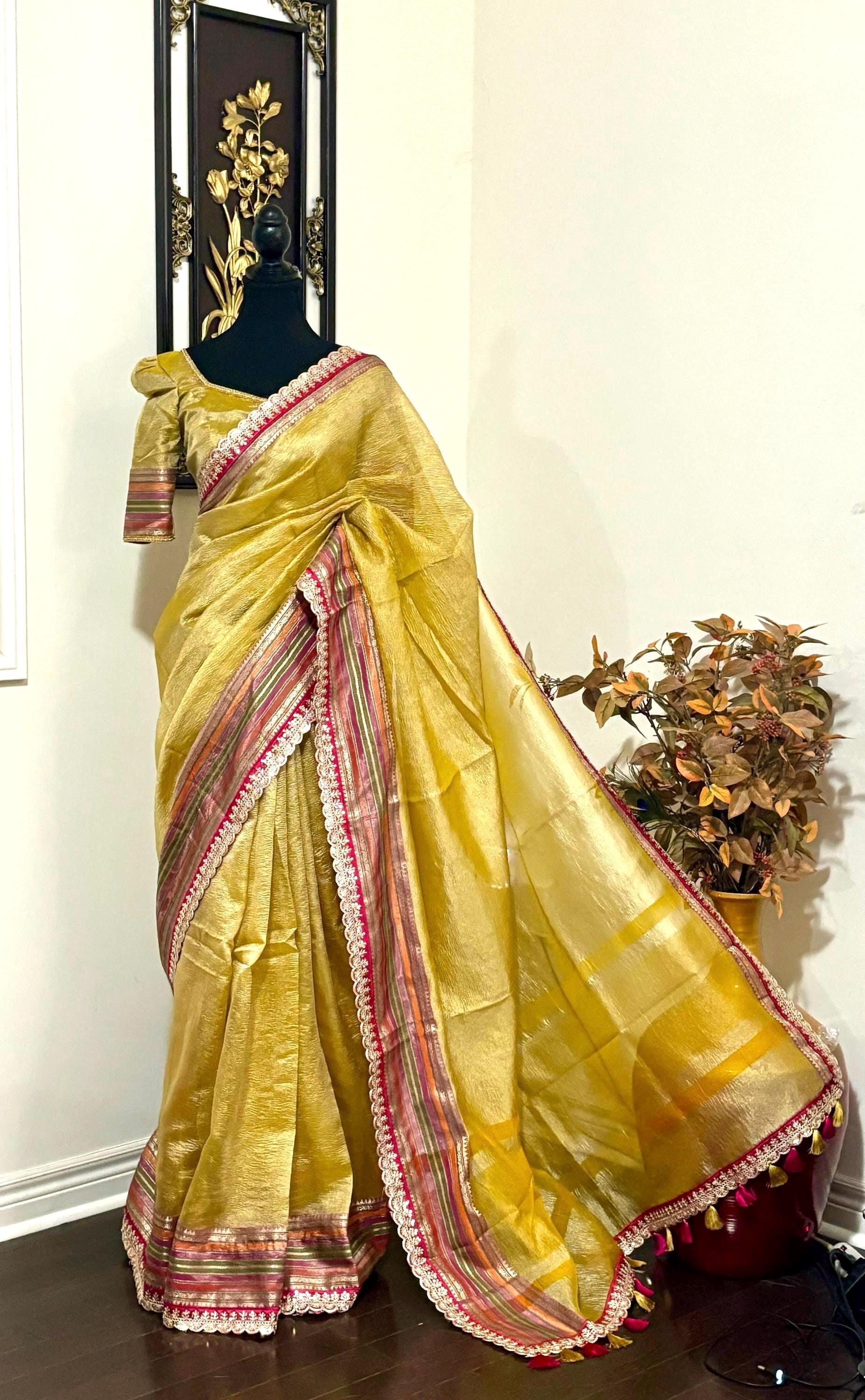 Beautiful party wear cocktail pure silk  crush tissue  saree paired up with pretty designer Blouse fits 32-46/contact seller for availabil