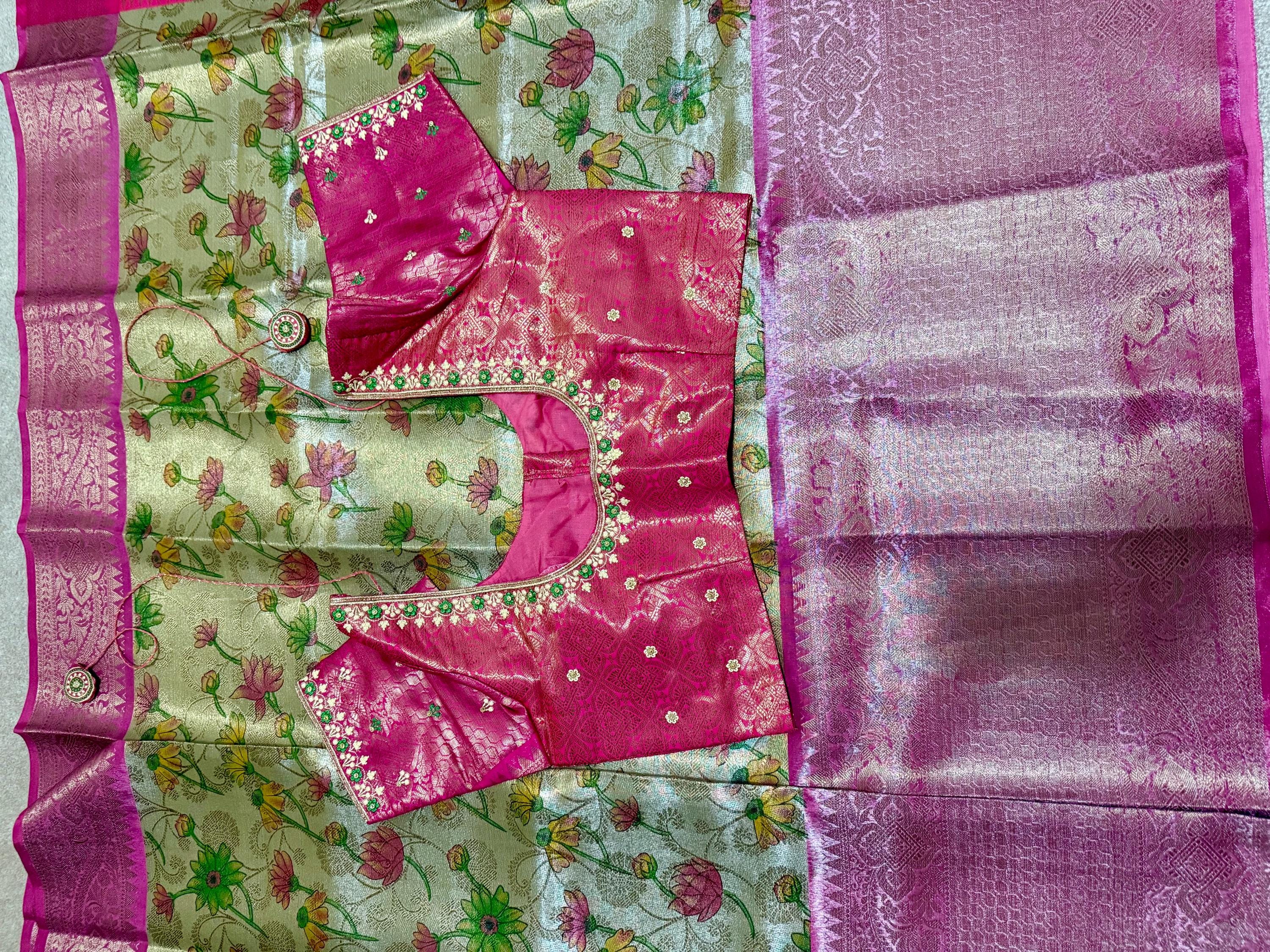 Kanchipuram kalamkari   soft silk saree in rare colors with beautifull embroidered blouse with ready to wear work blouse fits 32 to 46