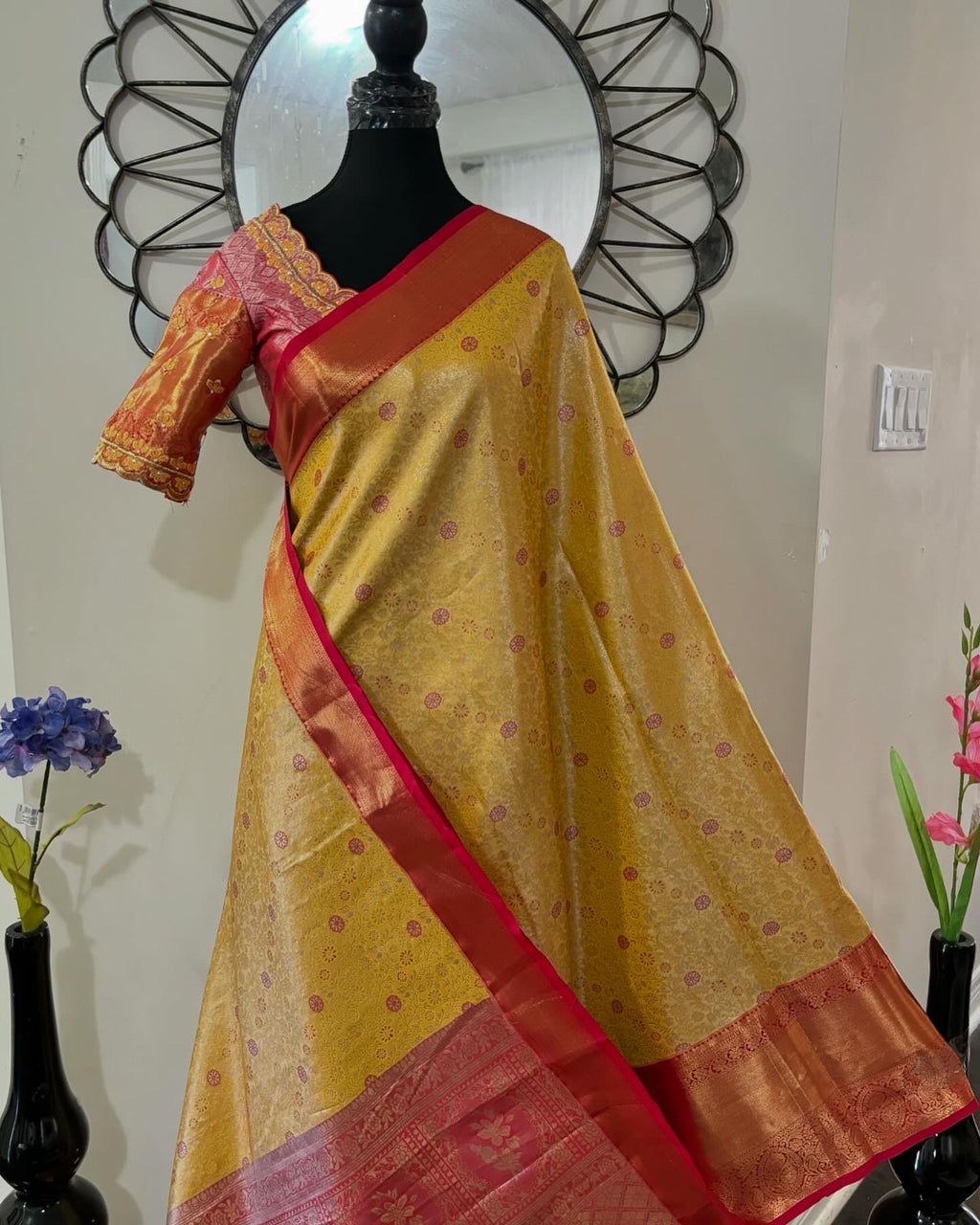 Kanchipuram soft silk saree in rare colors with beautifully done hand  made embroidered blouse with ready to wear work blouse fits 32 to 46