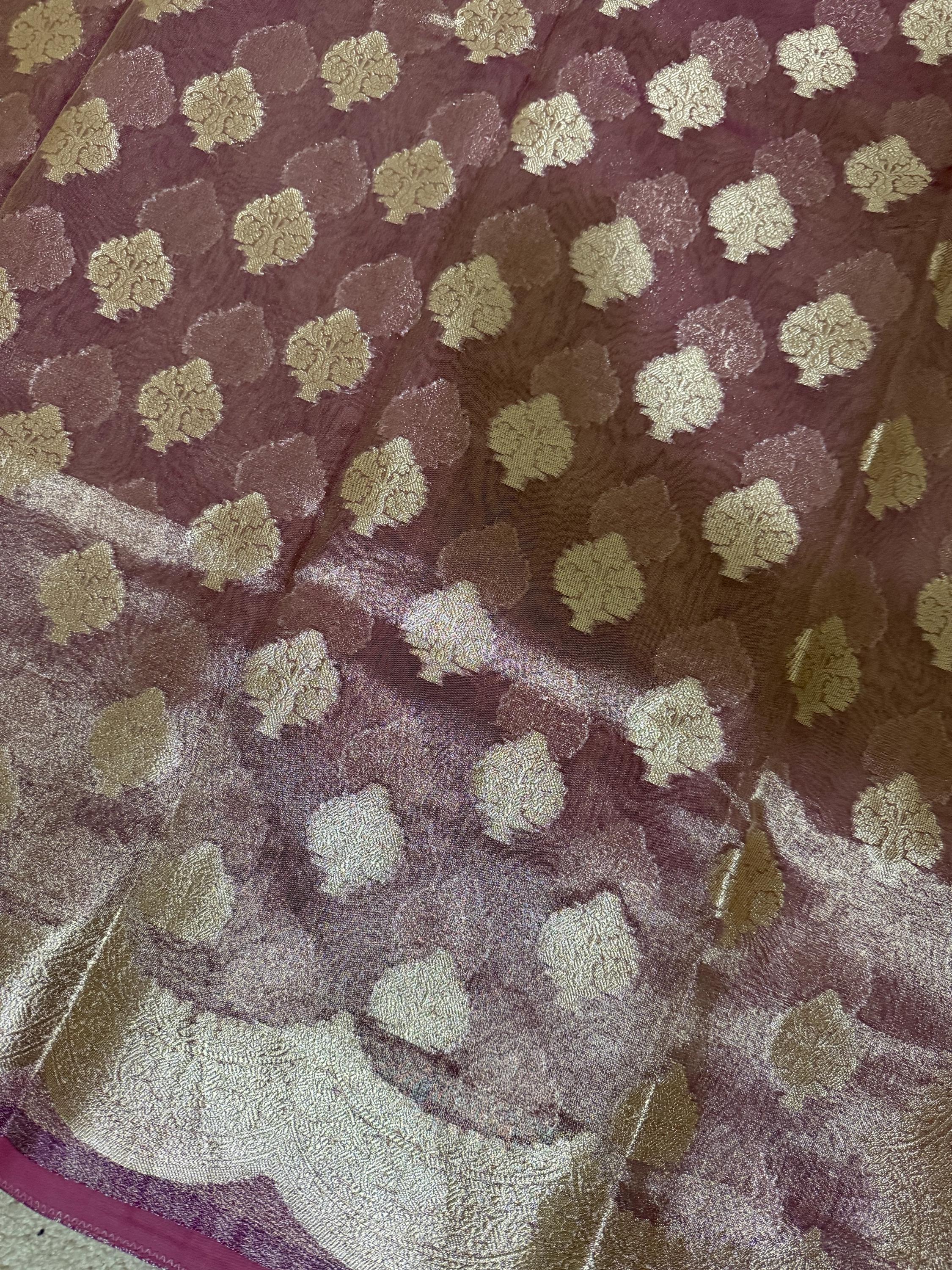 Beautiful party wear cocktail pure silk  banarasi  tissue  saree paired up with pretty designer Blouse fits 32-46