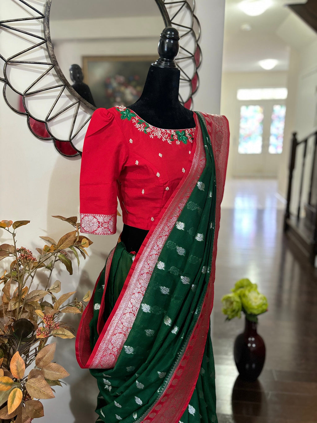 Beautiful banarasi kattan saree paired up with pretty maggam work blouse.