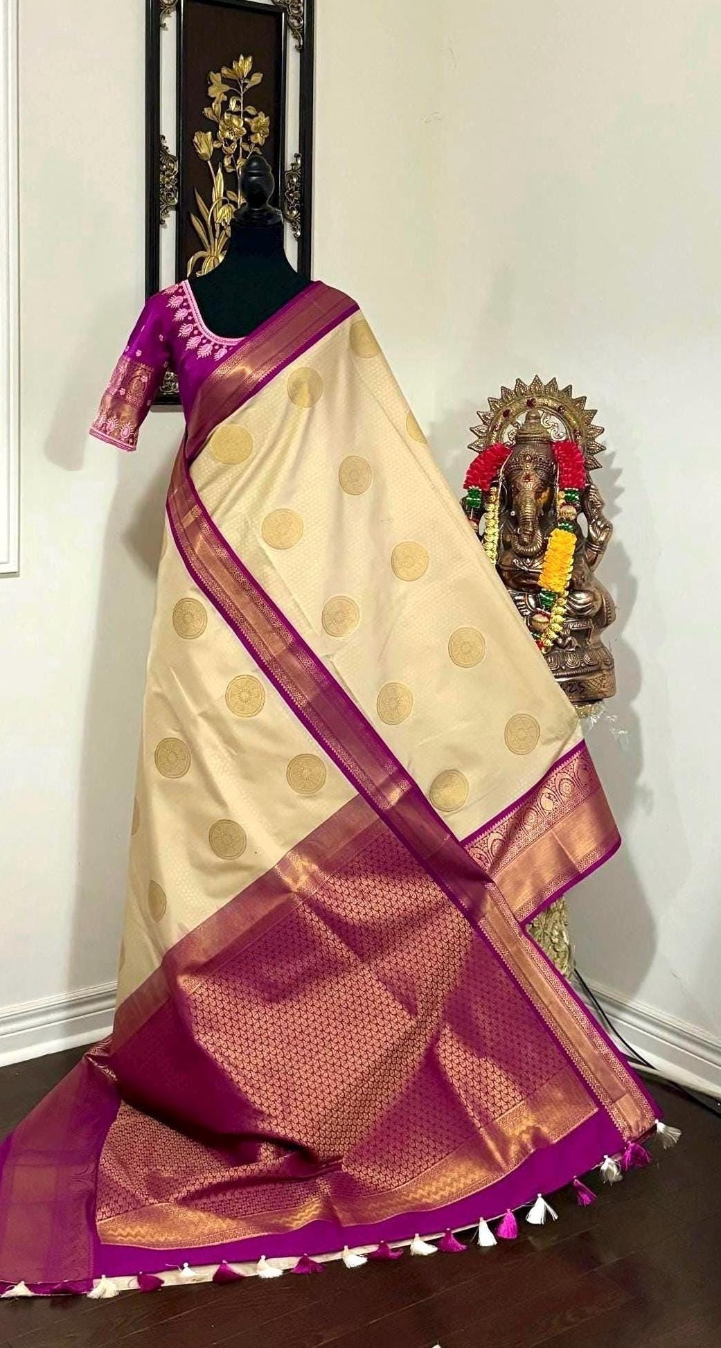 Kanchipuram soft silk saree in rare colors with beautifully done hand  made embroidered blouse with ready to wear work blouse fits 32 to 46