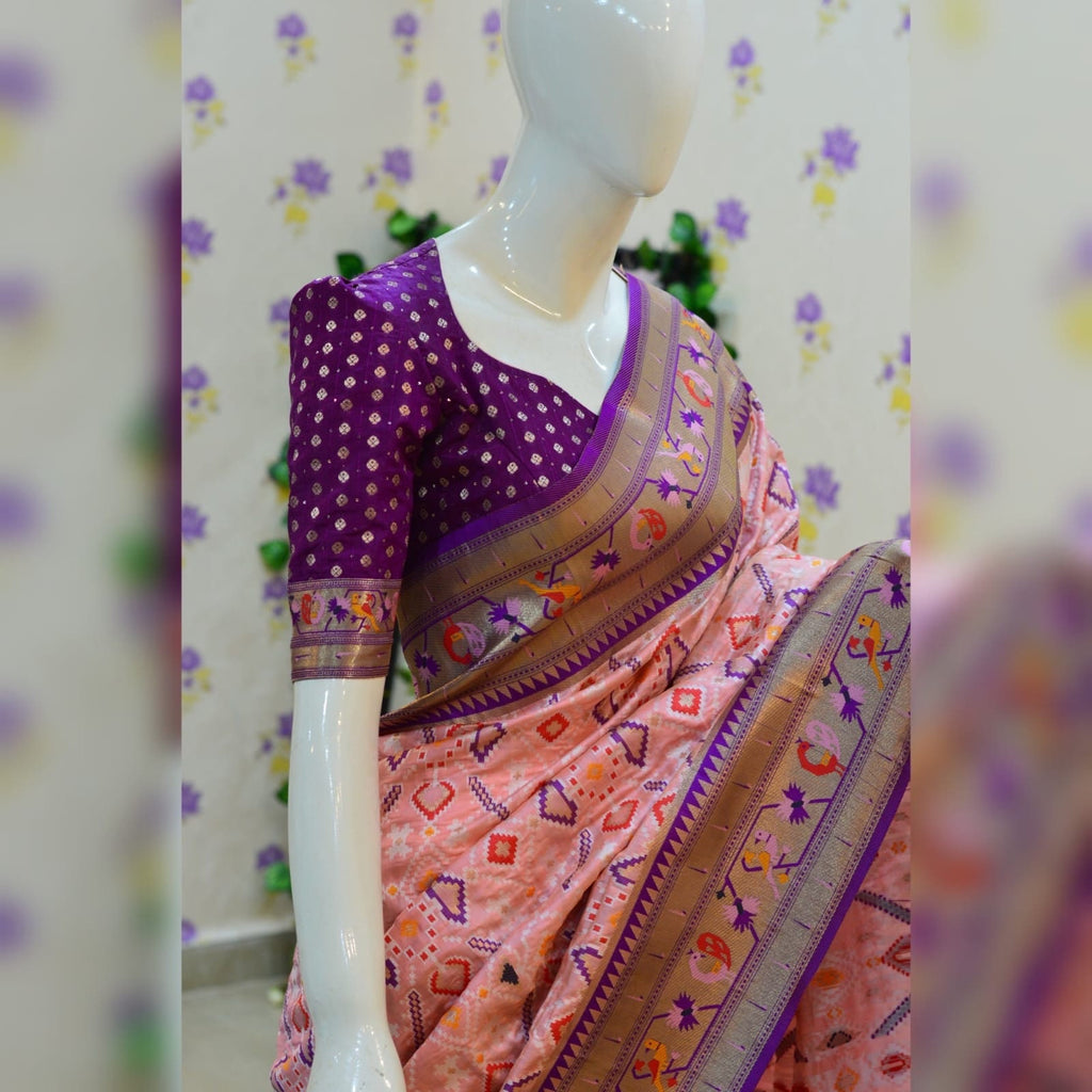 Beautiful patola paithani saree paired up with pretty banaras weaving blouse