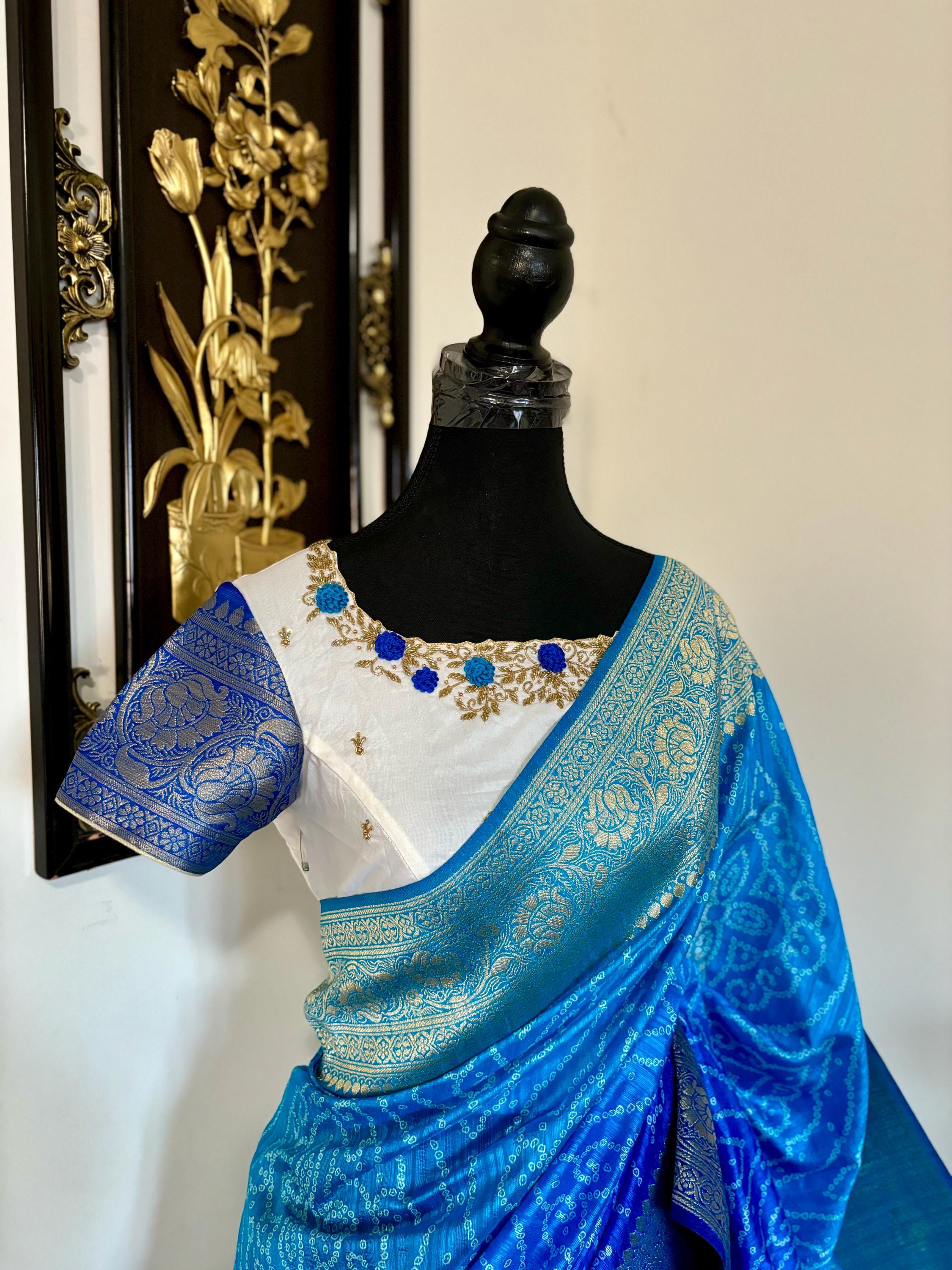 Beautiful cocktail dual shade banarasi  bandhini silk saree paired up pretty maggam blouse fits  sizes 32 -46 ready to wear prettiest blouse