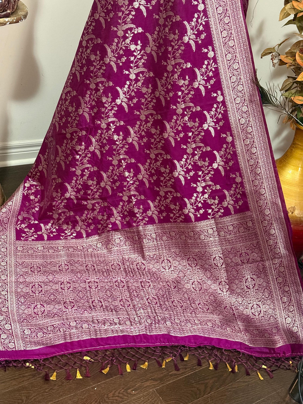 Beautiful banarasi saree with silver Zari weaving all over the saree paired up with pretty ready to wear  blouse that fits to 32 to 46