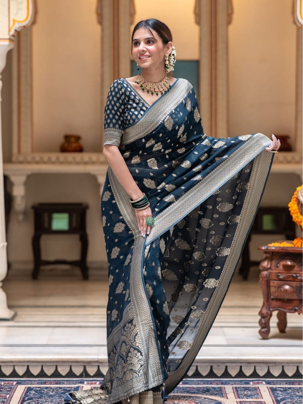 Banarasi handloom khadi georgette silk soft and falling saree all over beautiful water zari weaving work / Any color possible