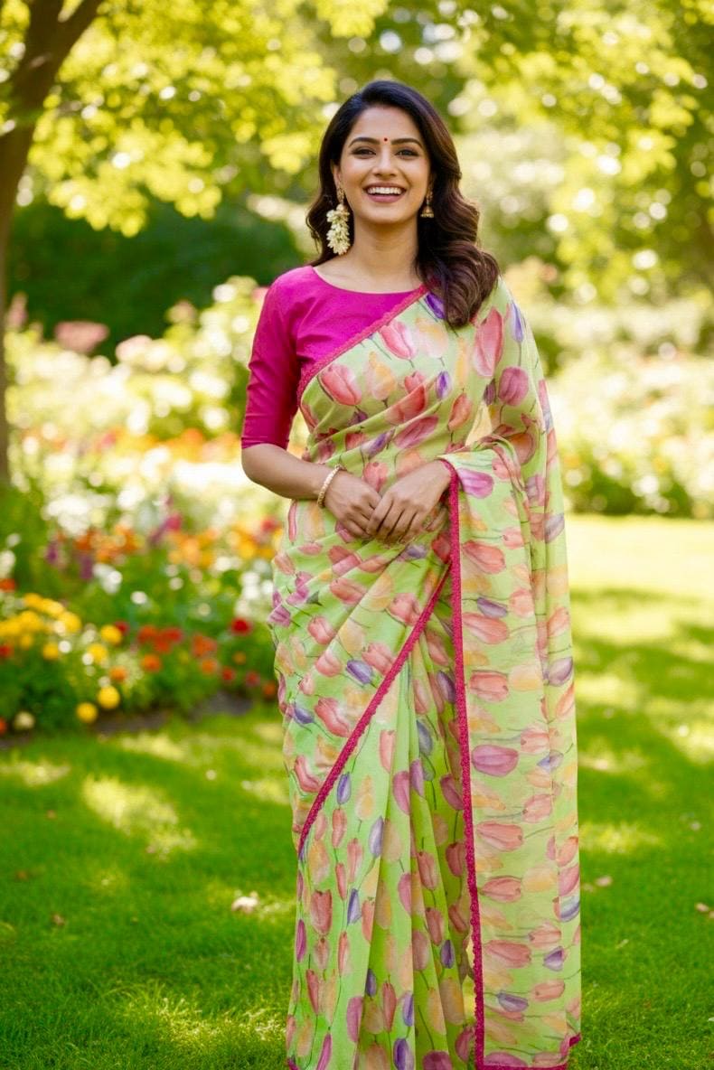 Beautiful Designer floral soft Organza Saree with beautiful lace ready to wear designer blouse fits to 32 to 46