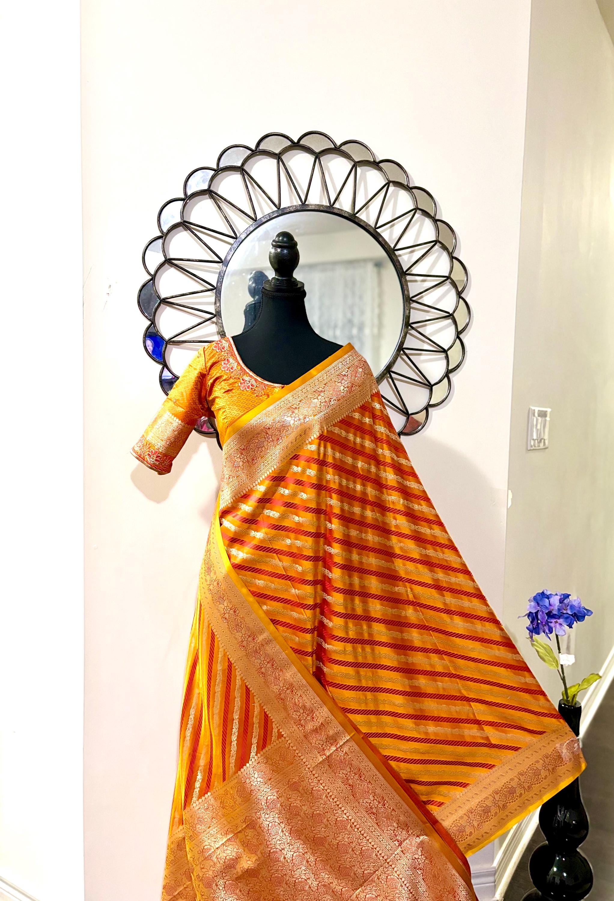 Pure silk  banarasi silk saree paired up with beautiful embroidery blouse fits to 32 to 46 in beautiful rare colors all over jaal. Cocktails
