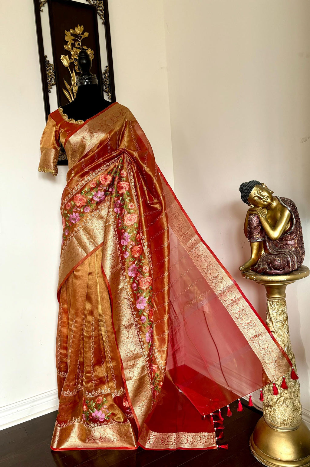 Banarasi  tissue saree with self weaving with beautifully embroidered boarder all over the sareeOrange Gold  shade rich weaving ready Blouse
