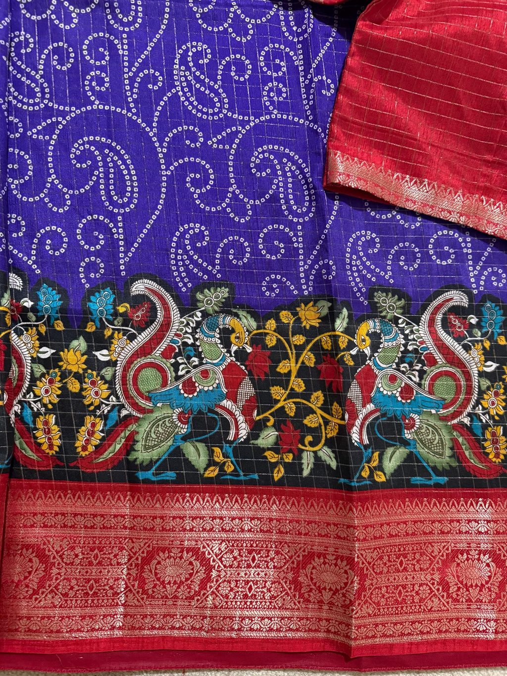 Beautiful Light weight Emarald silk saree  with Kanchi boarder  Bhandini prints ready blouse fits 32 to 46 with beautiful color combo