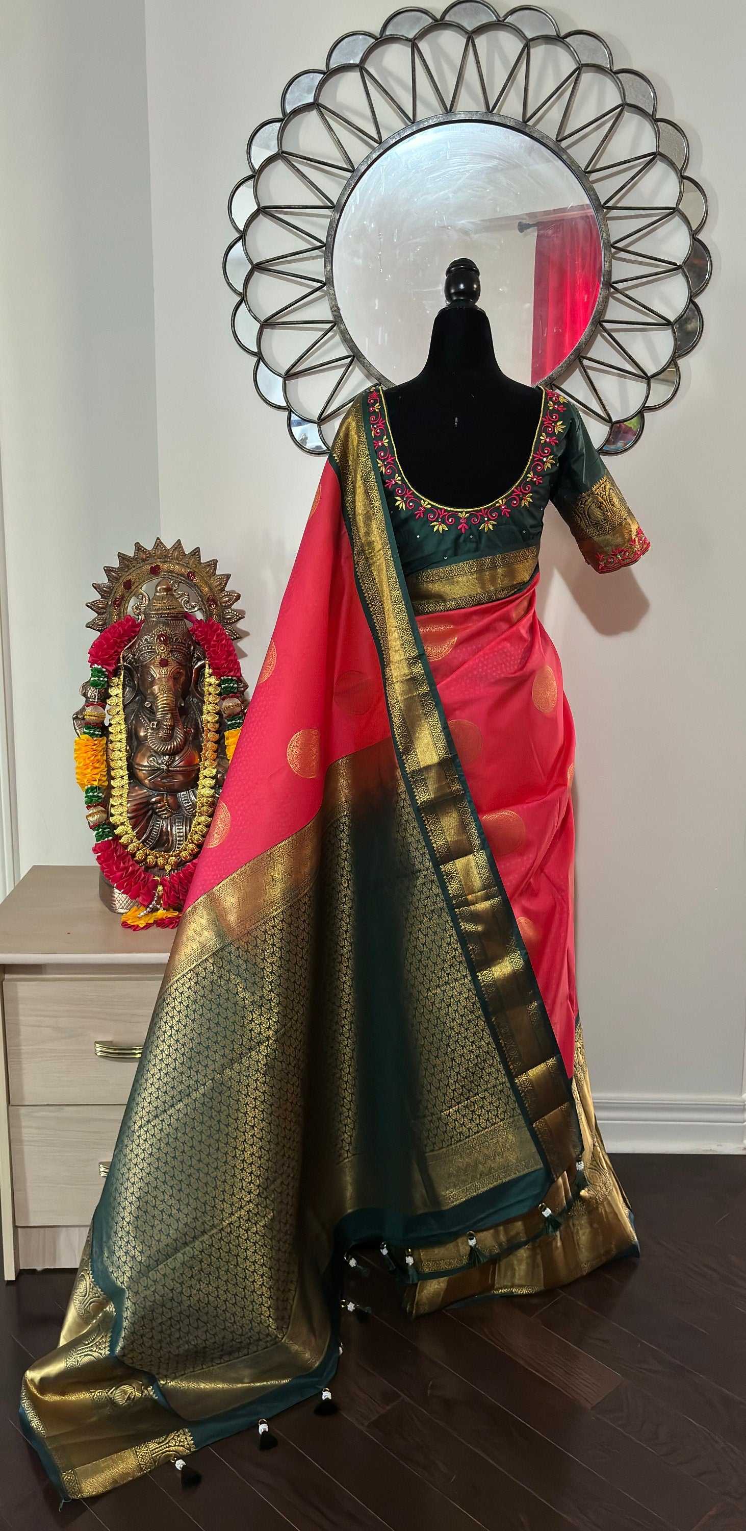 Kanchipuram soft silk saree in rare colors with beautifully done hand  made embroidered blouse with ready to wear work blouse fits 32 to 46