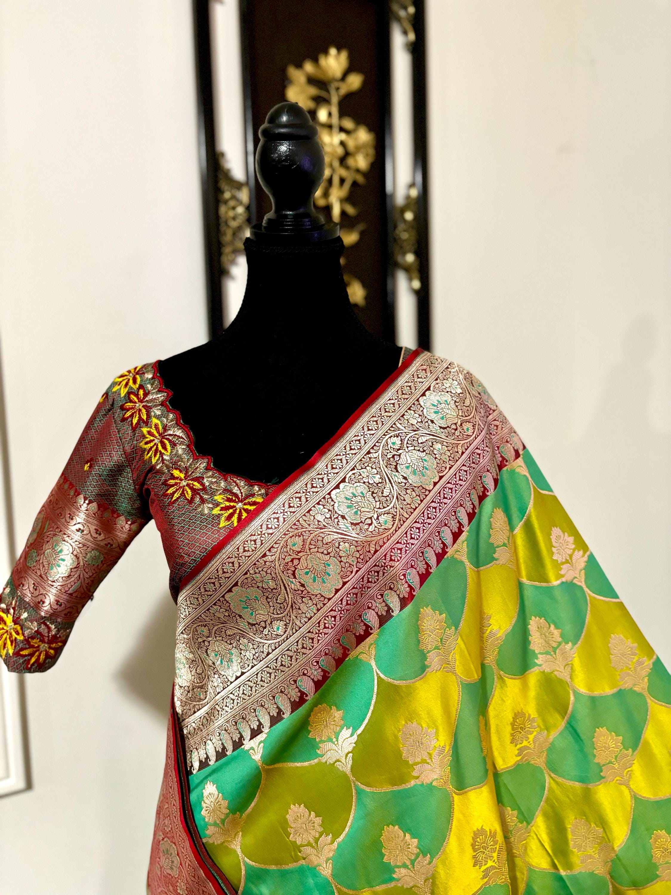 Pure silk  banarasi silk saree paired up with beautiful embroidery blouse fits to 32 to 46 in beautiful rare colors all over jaal. Cocktails