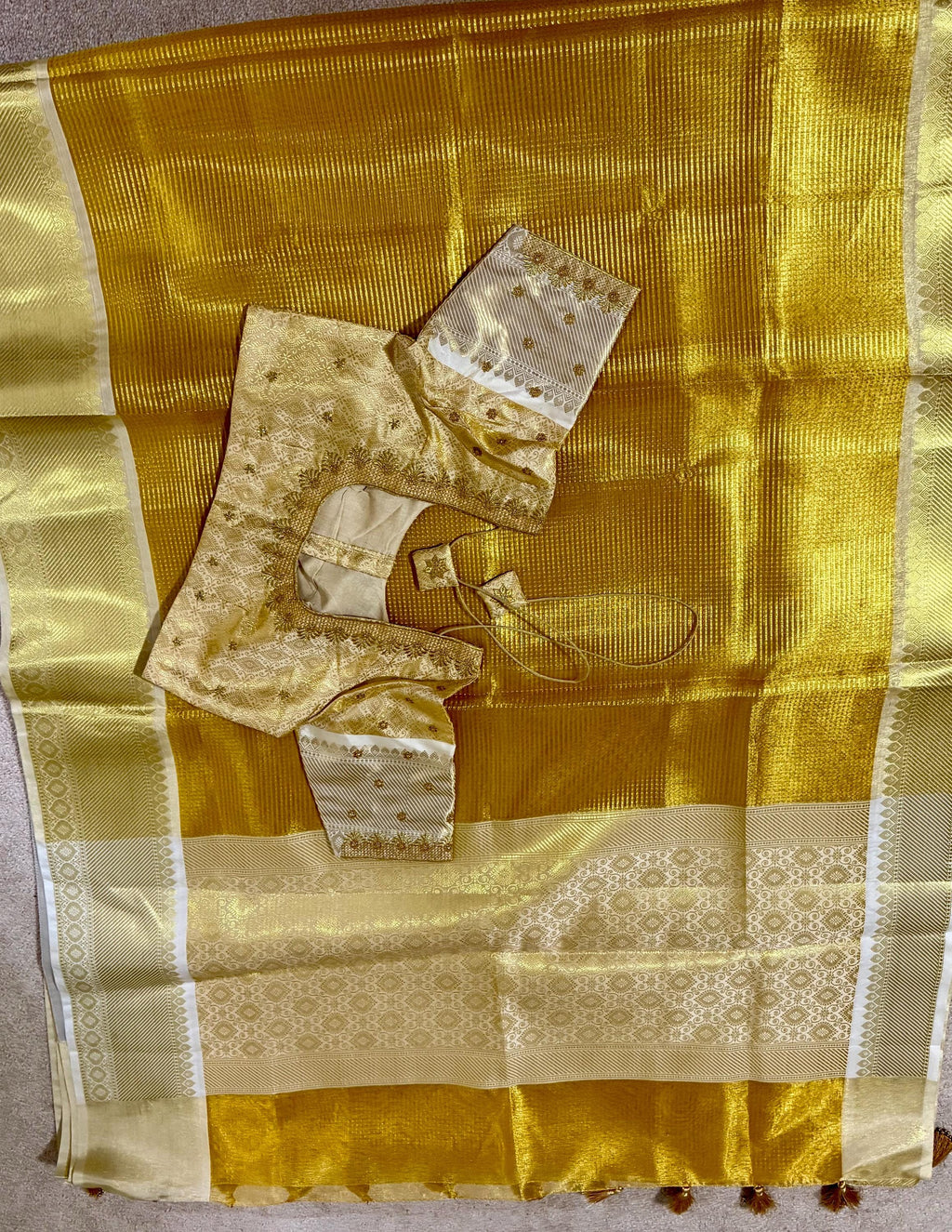 Bangalore silk golden saree with self weaving zari lines on all over with beautifully done work blouse fits 32 to 46