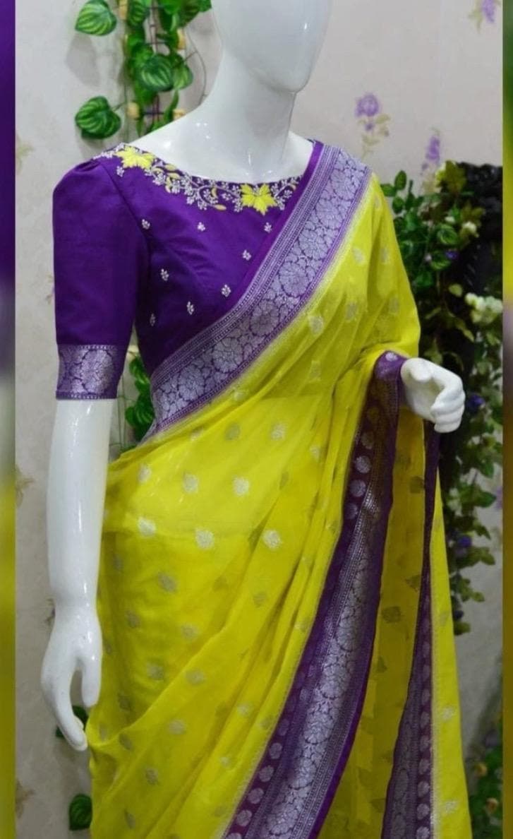 Beautiful banarasi saree paired up with pretty maggam work blouse fits to 32 to 46 awesome colors